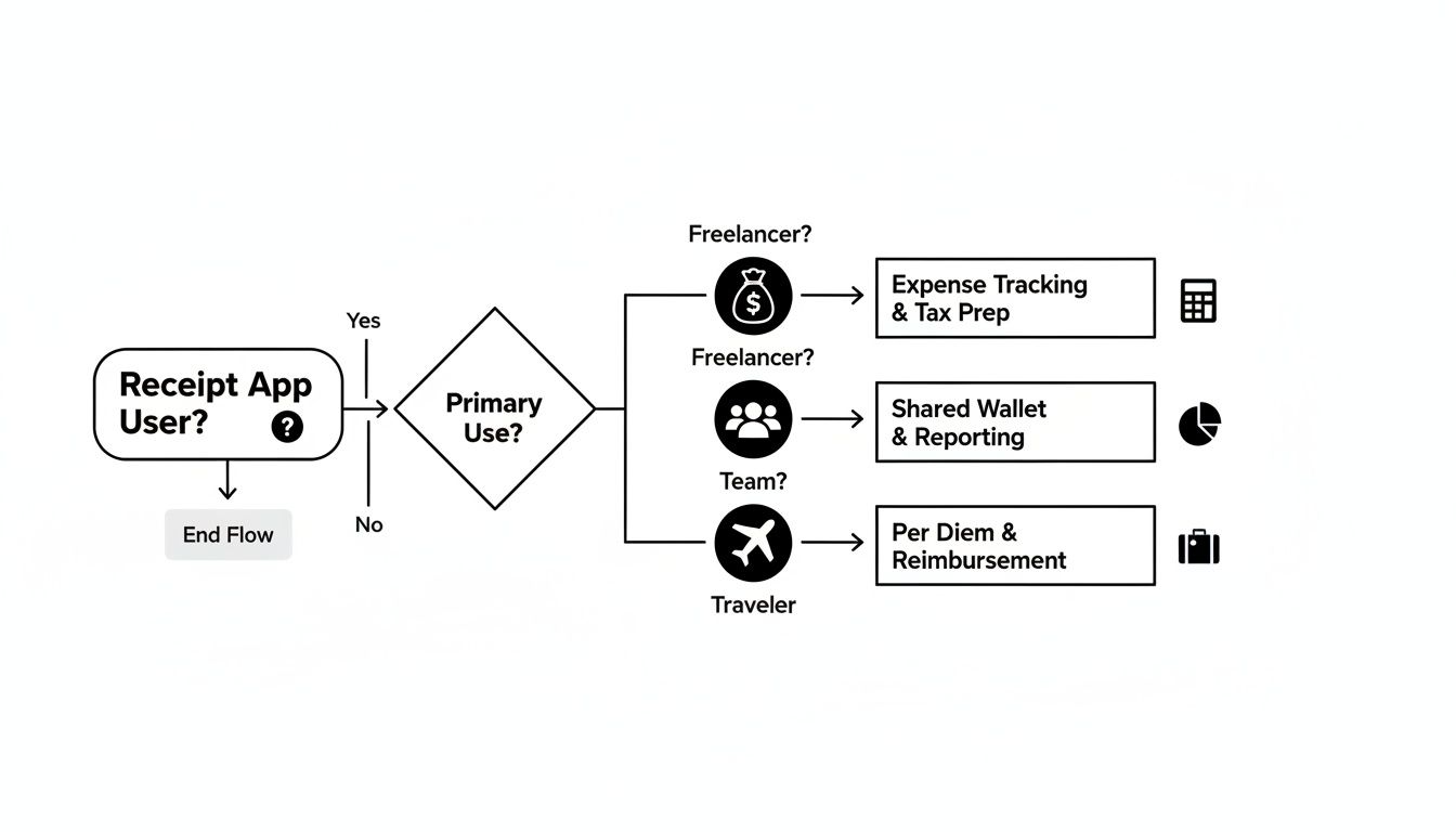 Flowchart illustrating receipt app user journeys based on primary use: freelancer, team, or traveler, and their corresponding features.