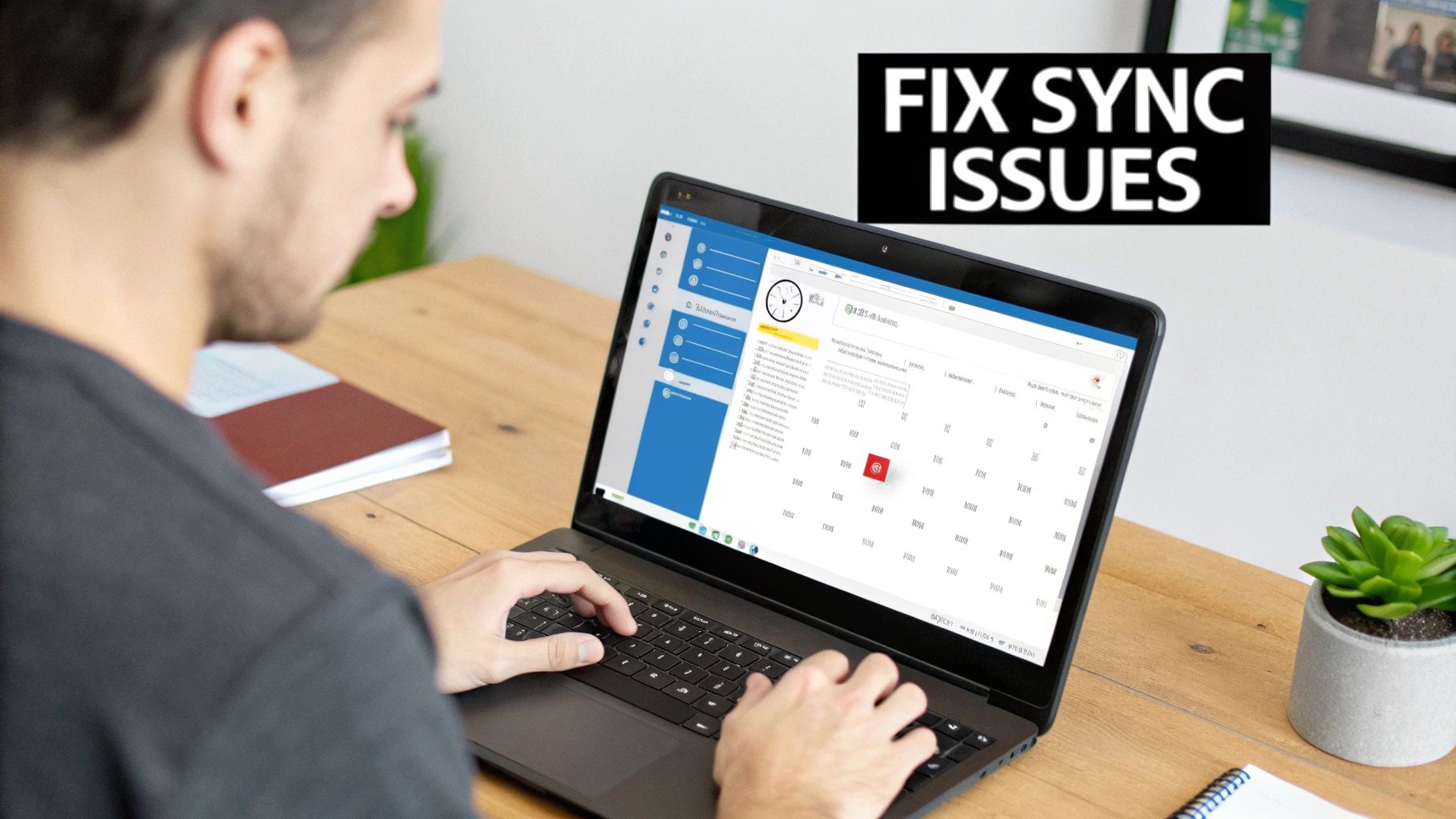 A person looking at a laptop with a frustrated expression, with calendar icons and error symbols floating around.
