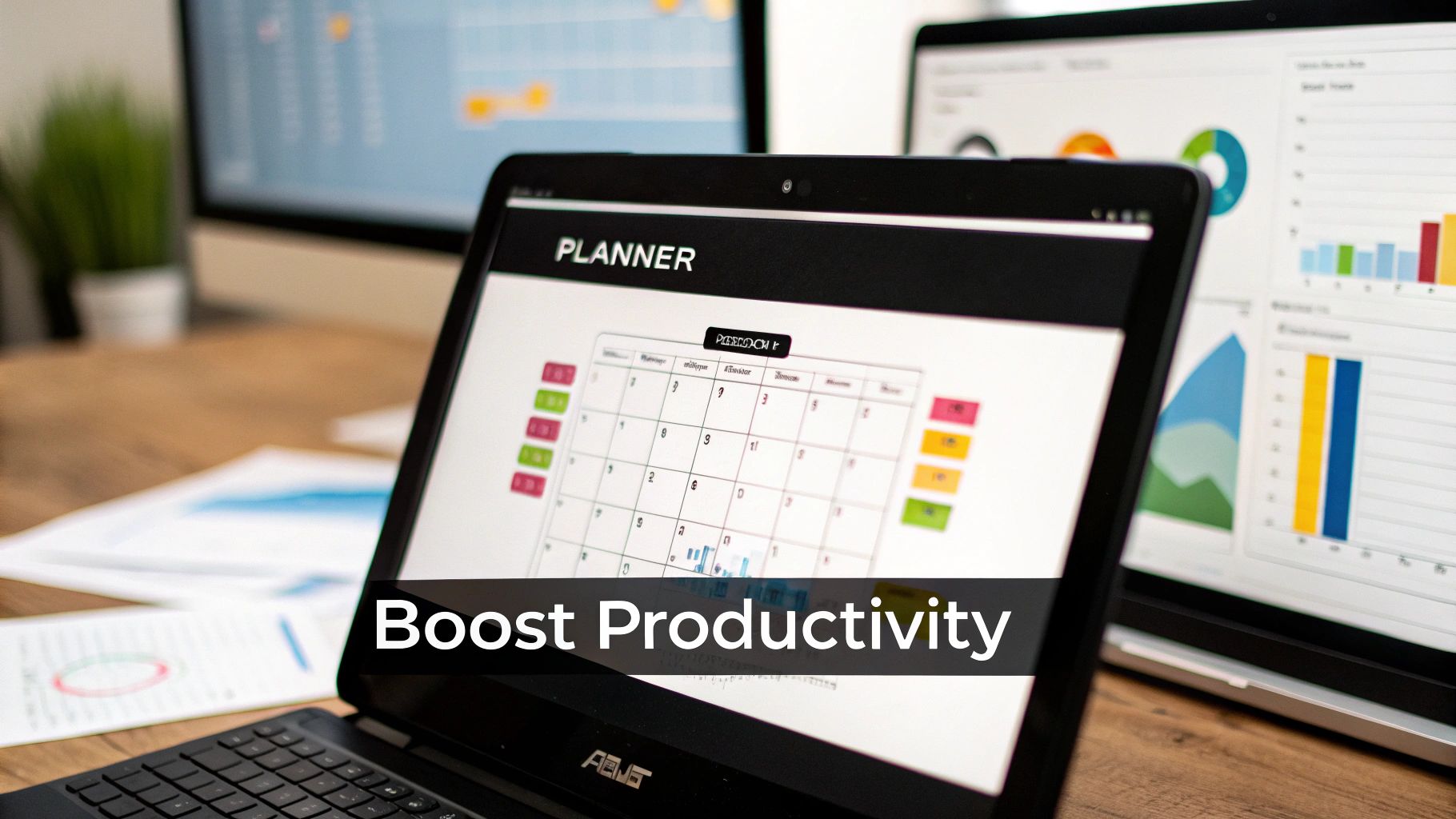 A laptop displays a digital planner app, while a monitor in the background shows business charts, suggesting increased office productivity.
