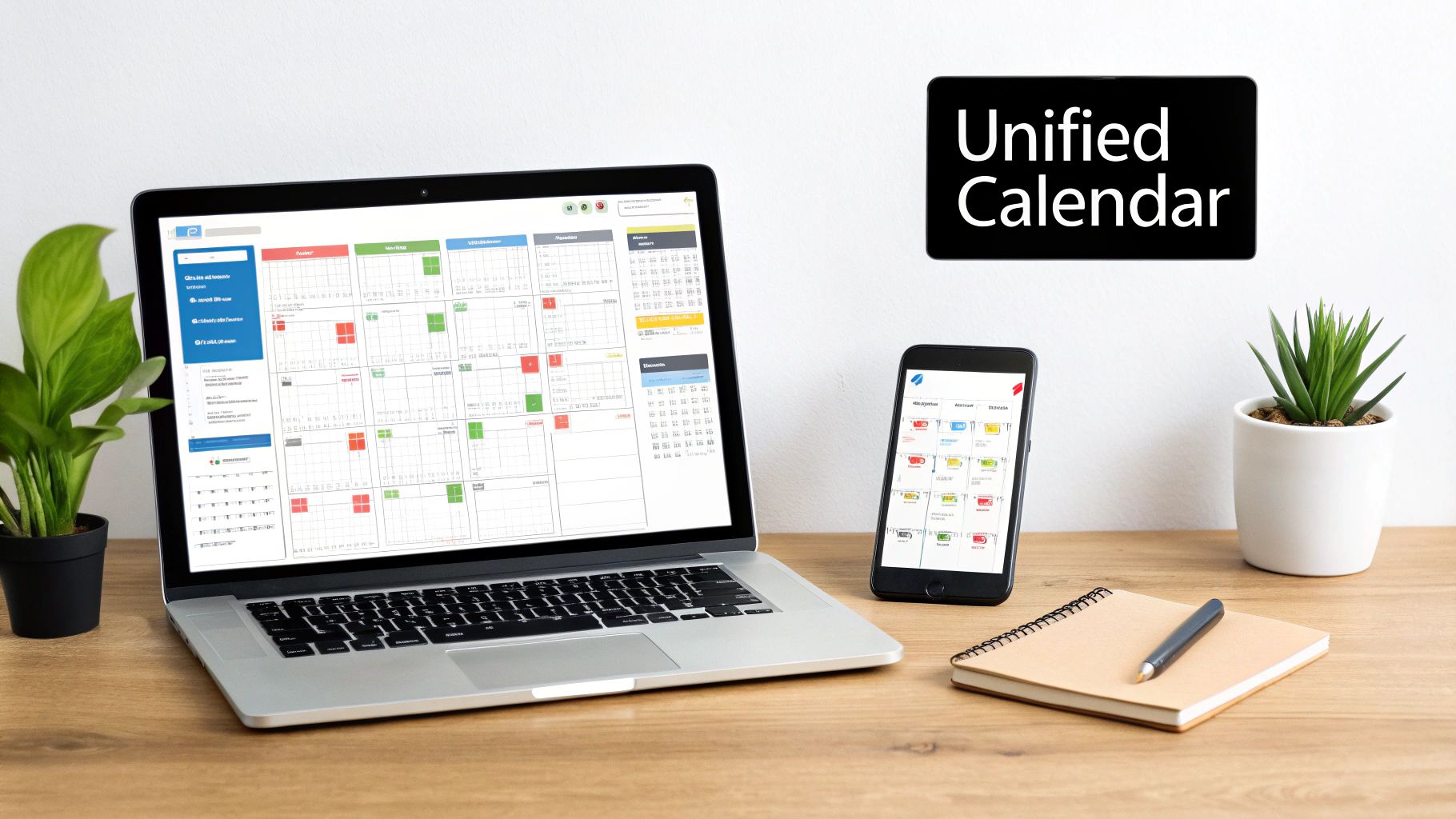 Laptop and smartphone displaying a unified calendar interface on a modern wooden desk.