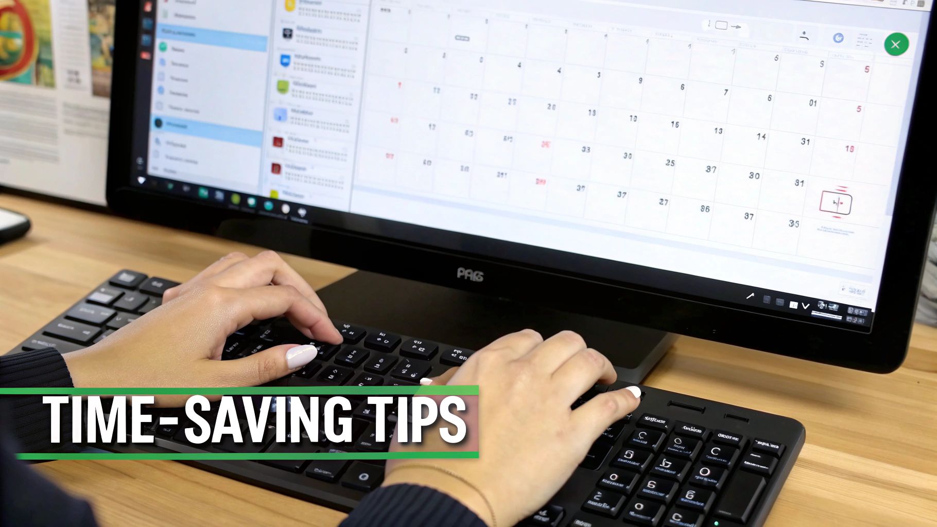 A person's hands quickly typing on a keyboard, with the Google Calendar app visible on the desktop screen behind them, illustrating speed and efficiency.