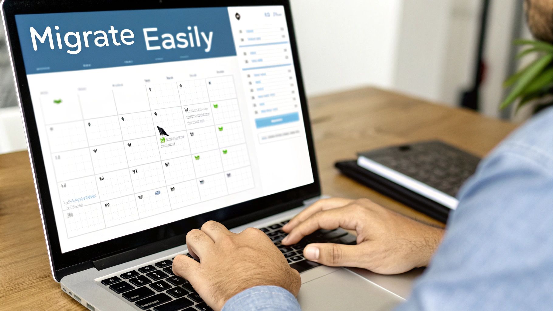 A person typing on a laptop displaying a calendar app with 'Migrate Easily' on screen.