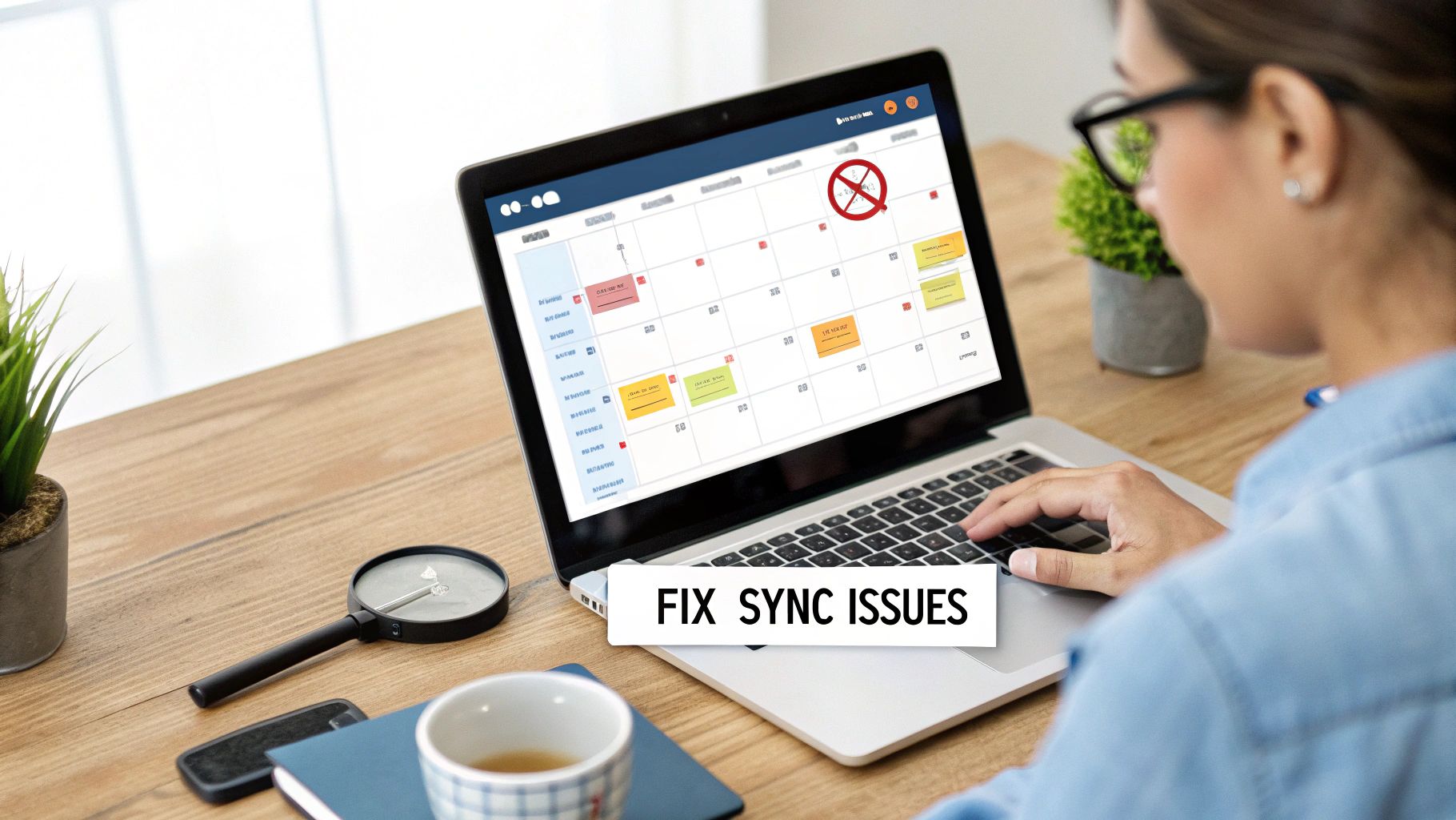 A person looking at a laptop with a frustrated expression, representing calendar sync issues.