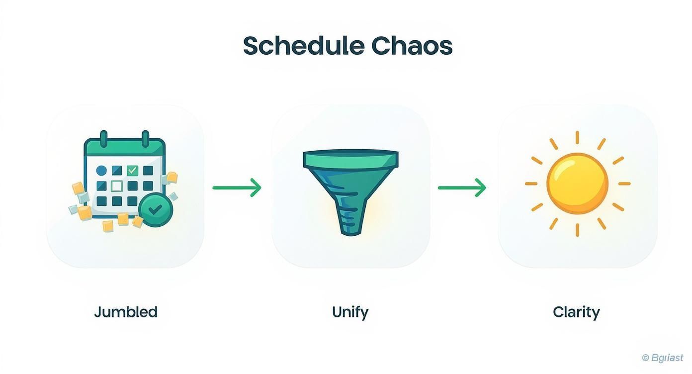 Schedule chaos transformation process showing jumbled calendar filtering through funnel to achieve clarity