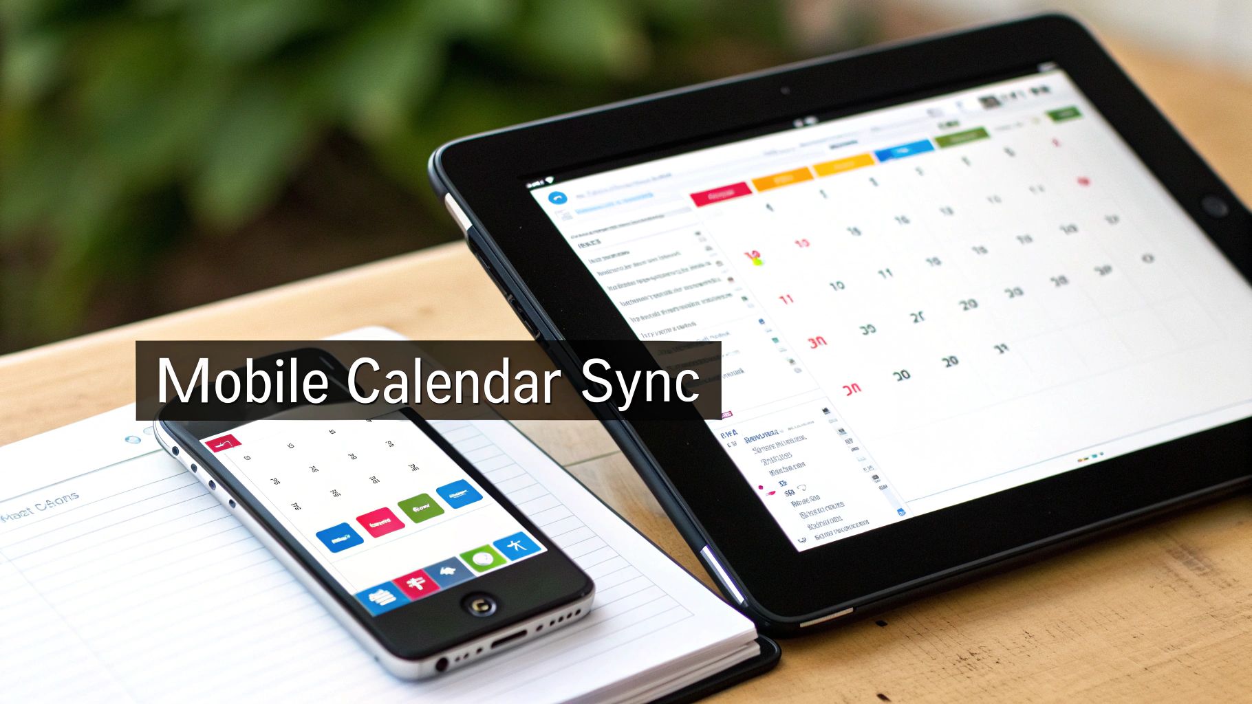 A smartphone and a tablet displaying synced calendar applications with 'Mobile Calendar Sync' text.