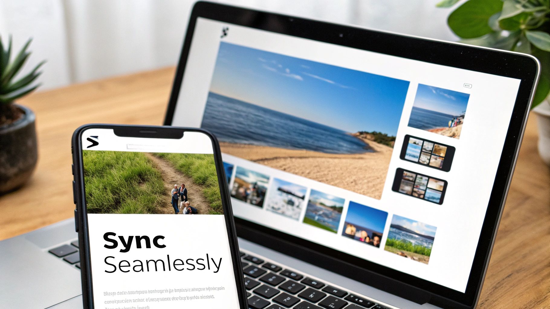 A smartphone showing 'Sync Seamlessly' text and a laptop displaying synced images on a wooden desk.