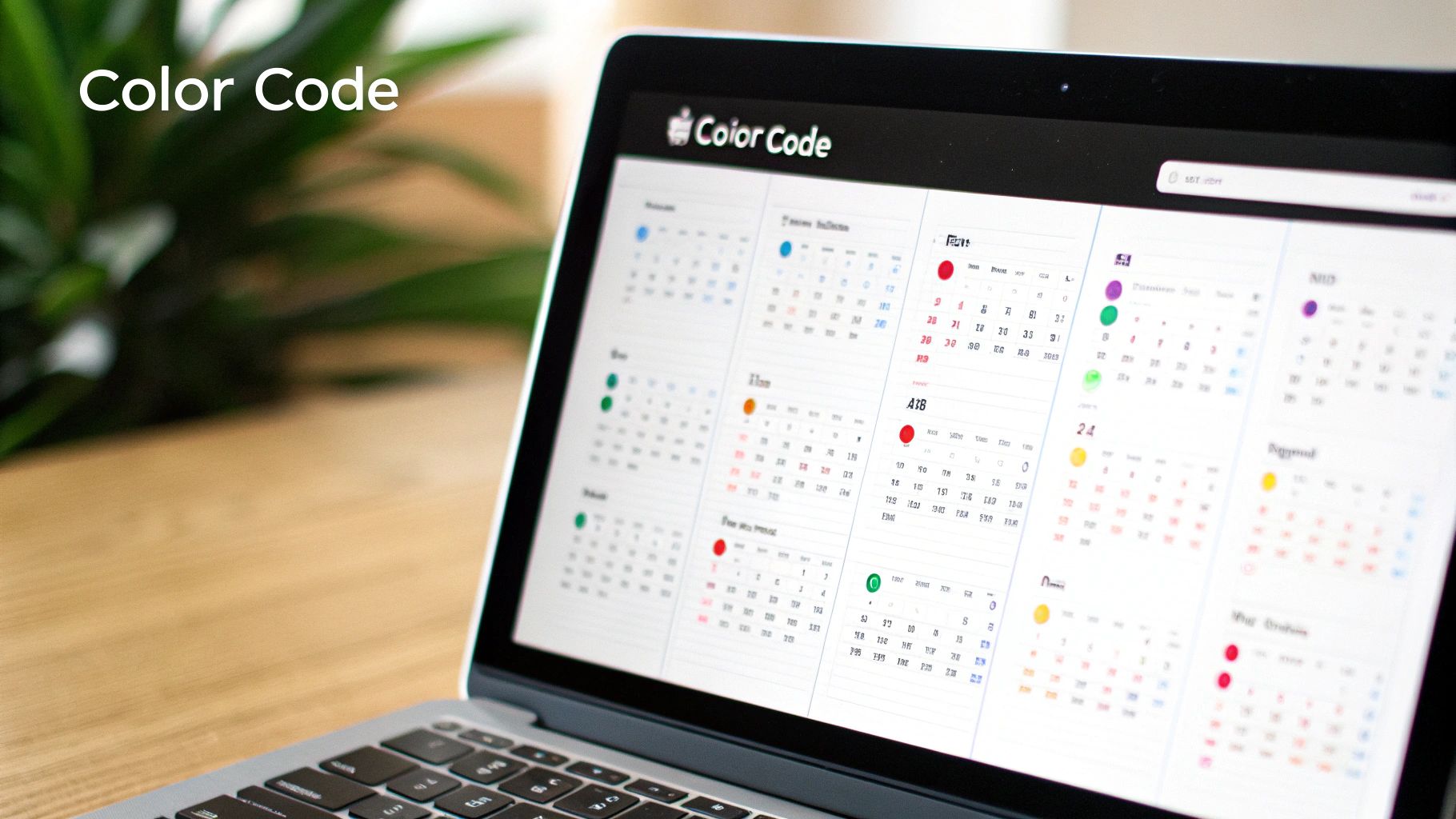 A laptop screen displays a color-coded calendar application with multiple monthly views, showing various events.