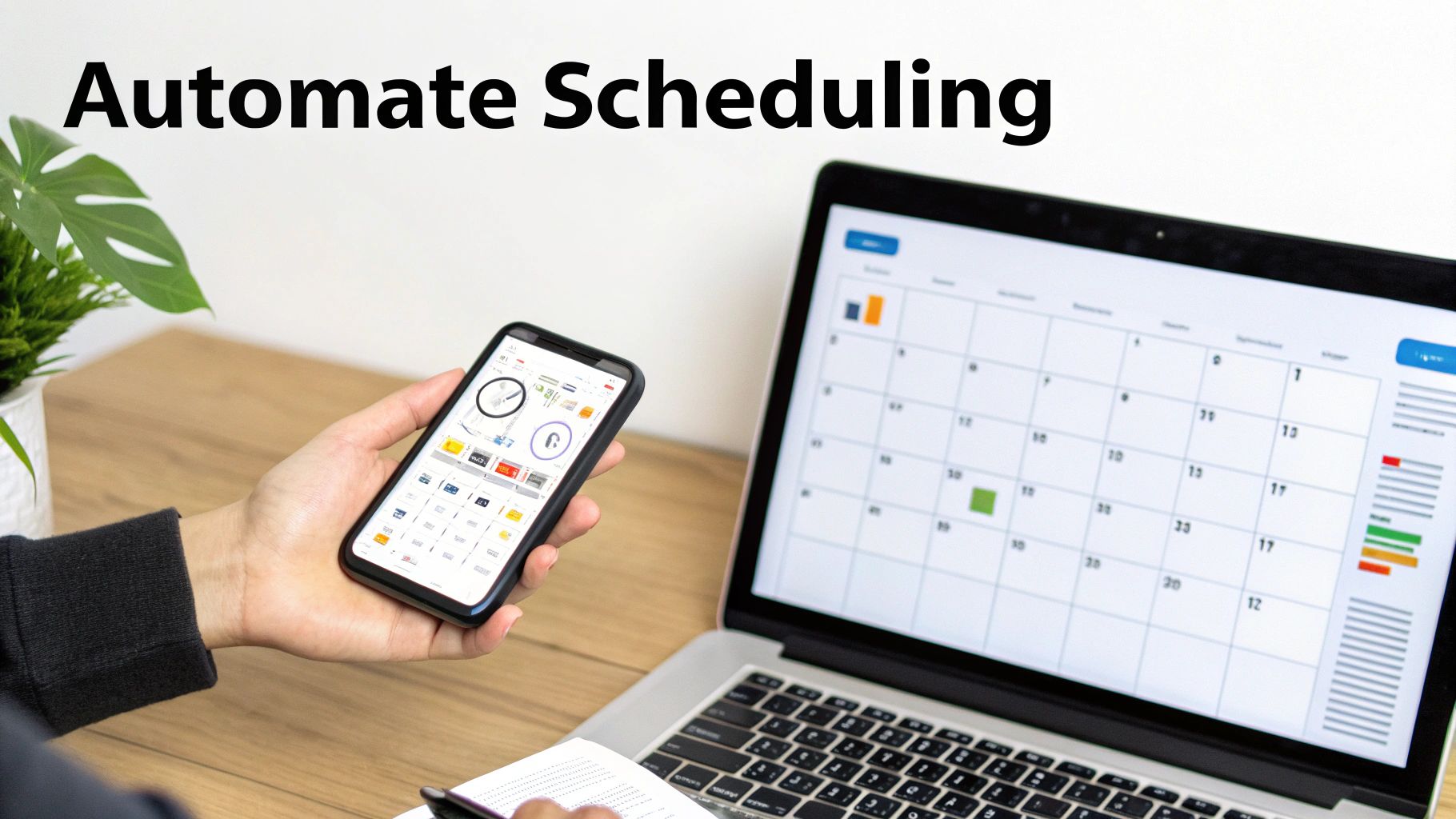 A person holds a smartphone while a laptop displays a calendar, emphasizing automated scheduling.