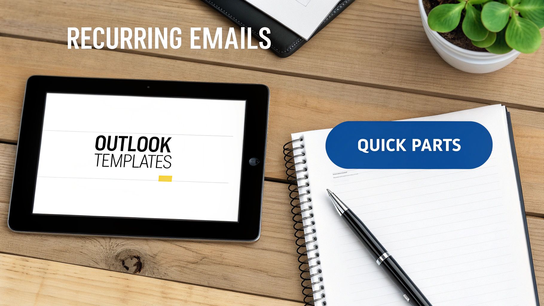 Wooden desk with a tablet showing Outlook Templates, a notebook with Quick Parts, and recurring emails concept.