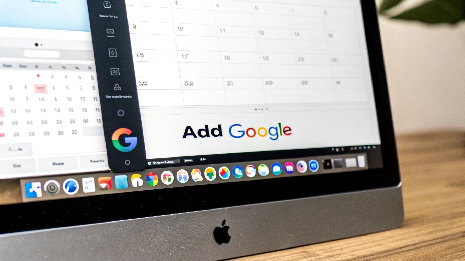 Apple iMac screen displaying a calendar application with a prominent Google Calendar sidebar and dock icons.