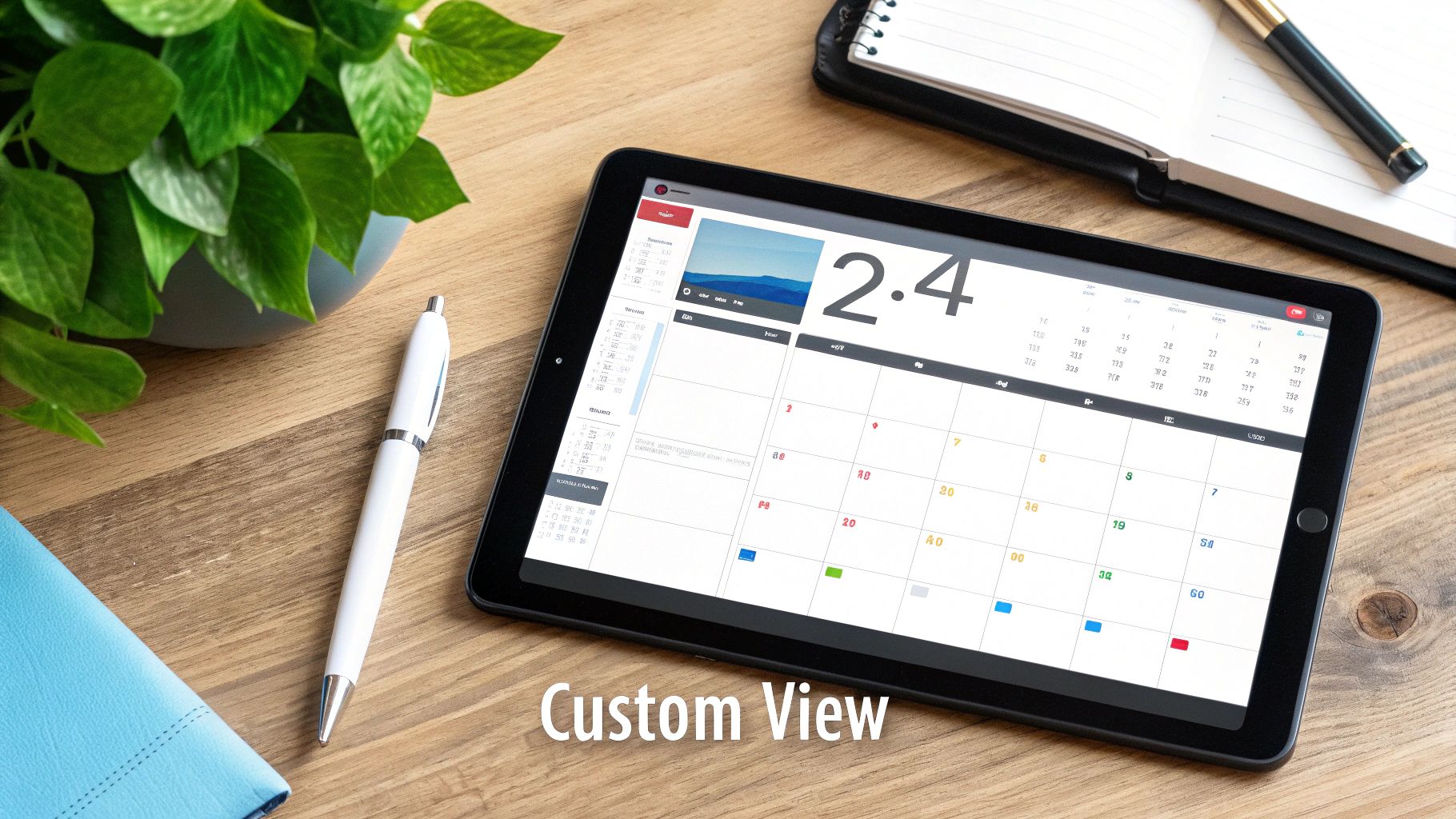 Digital calendar app with custom view displayed on tablet with stylus pen and notebook on desk