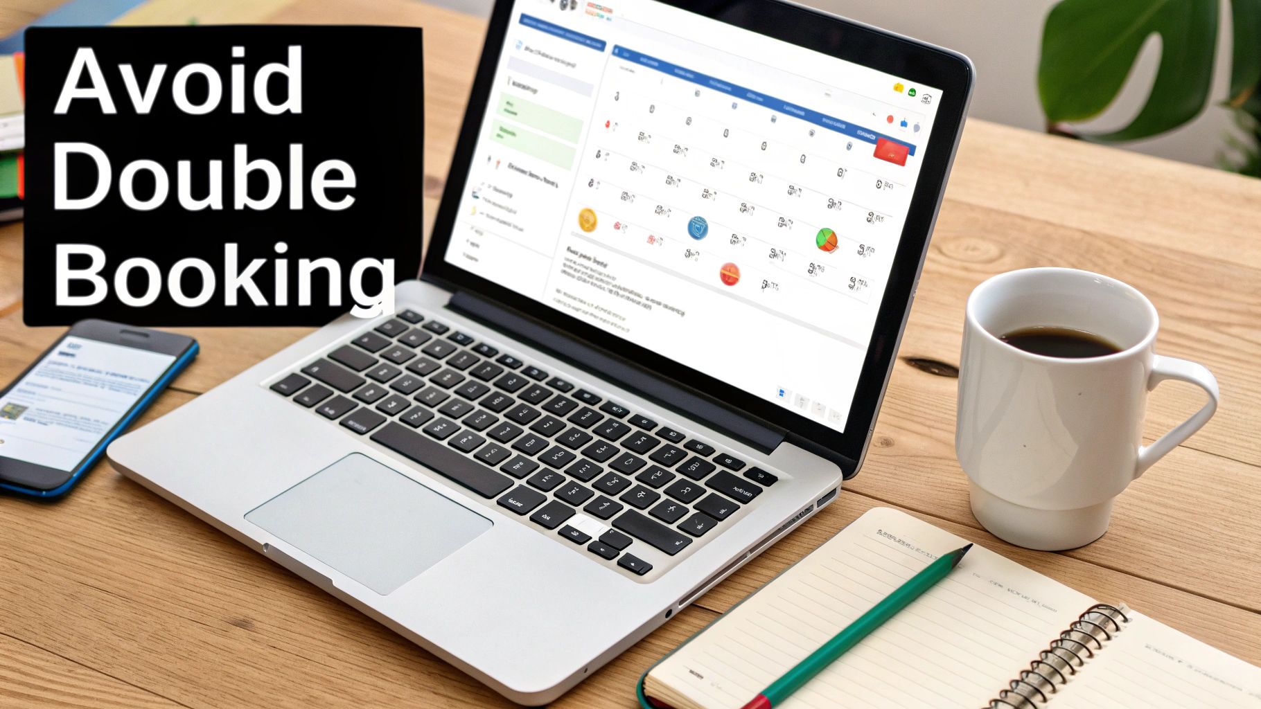 A laptop showing a calendar app, smartphone, coffee, and a 'Avoid Double Booking' sign on a wooden desk.
