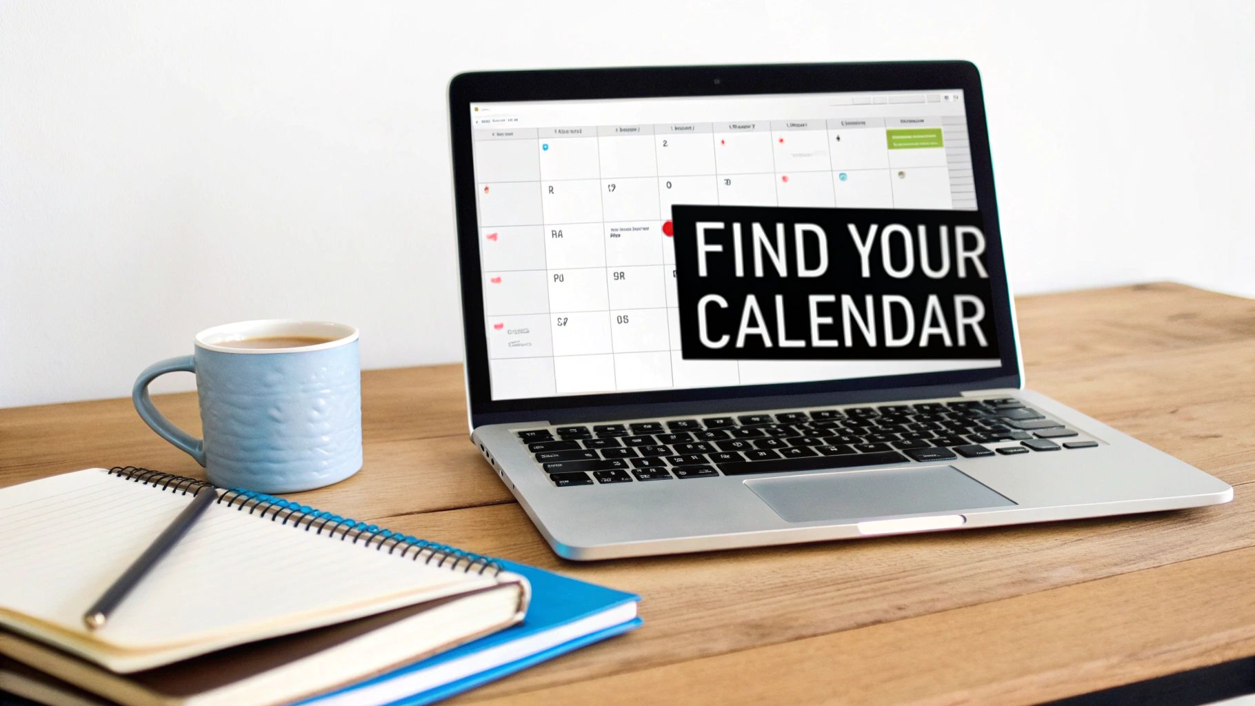 A laptop displaying a calendar app with text 'FIND YOUR CALENDAR', a mug, and notebooks on a wooden desk.