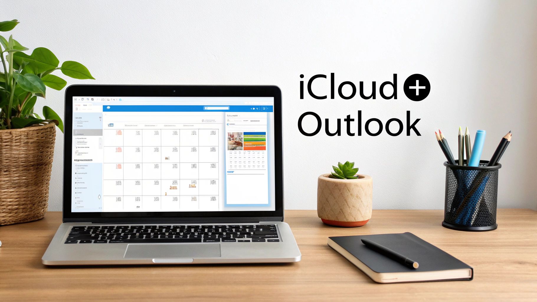 A laptop on a desk showing a calendar application, with iCloud + Outlook text in the background.