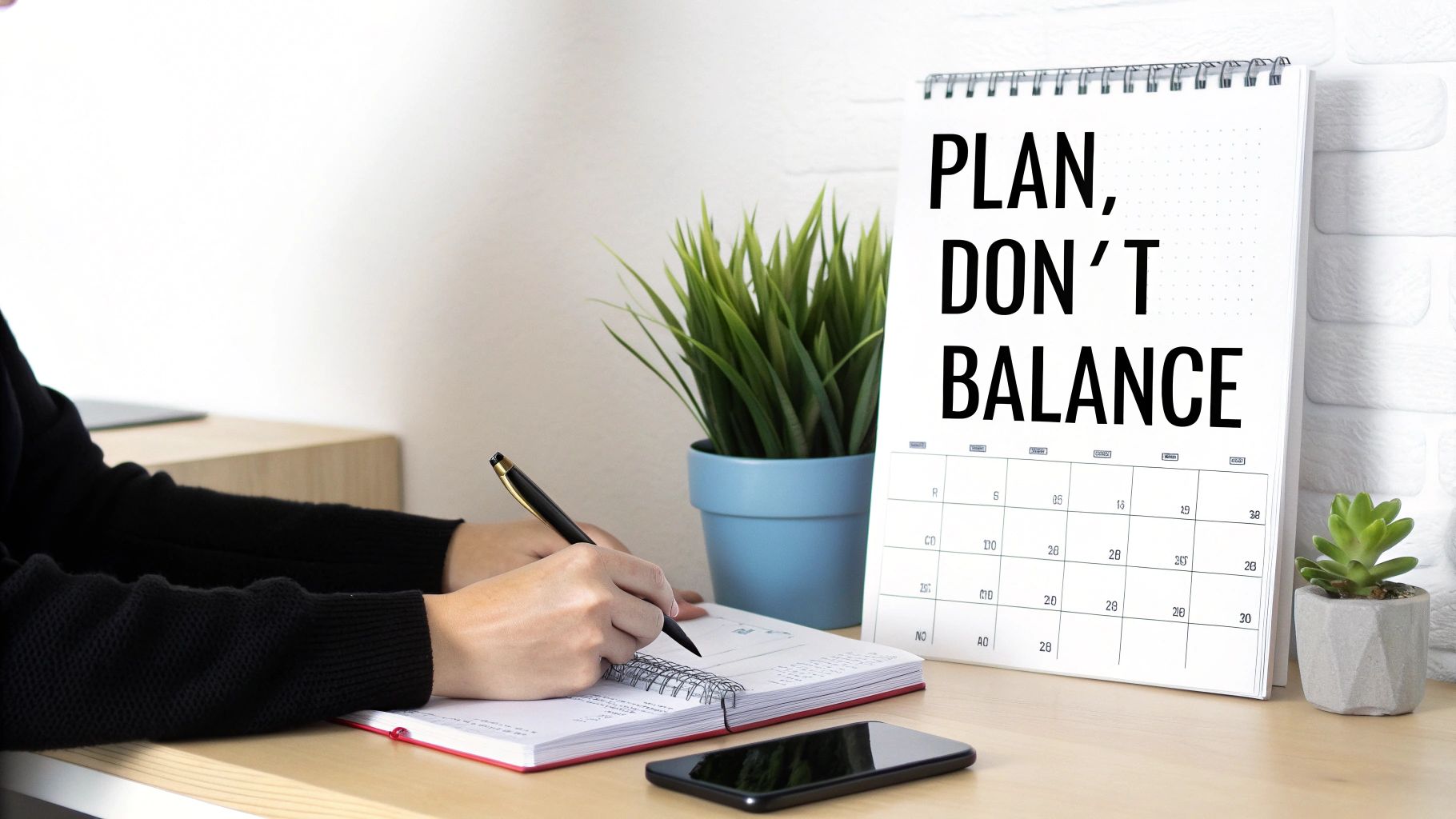 A person planning in a notebook on a desk next to a calendar displaying 'PLAN, DON'T BALANCE'.