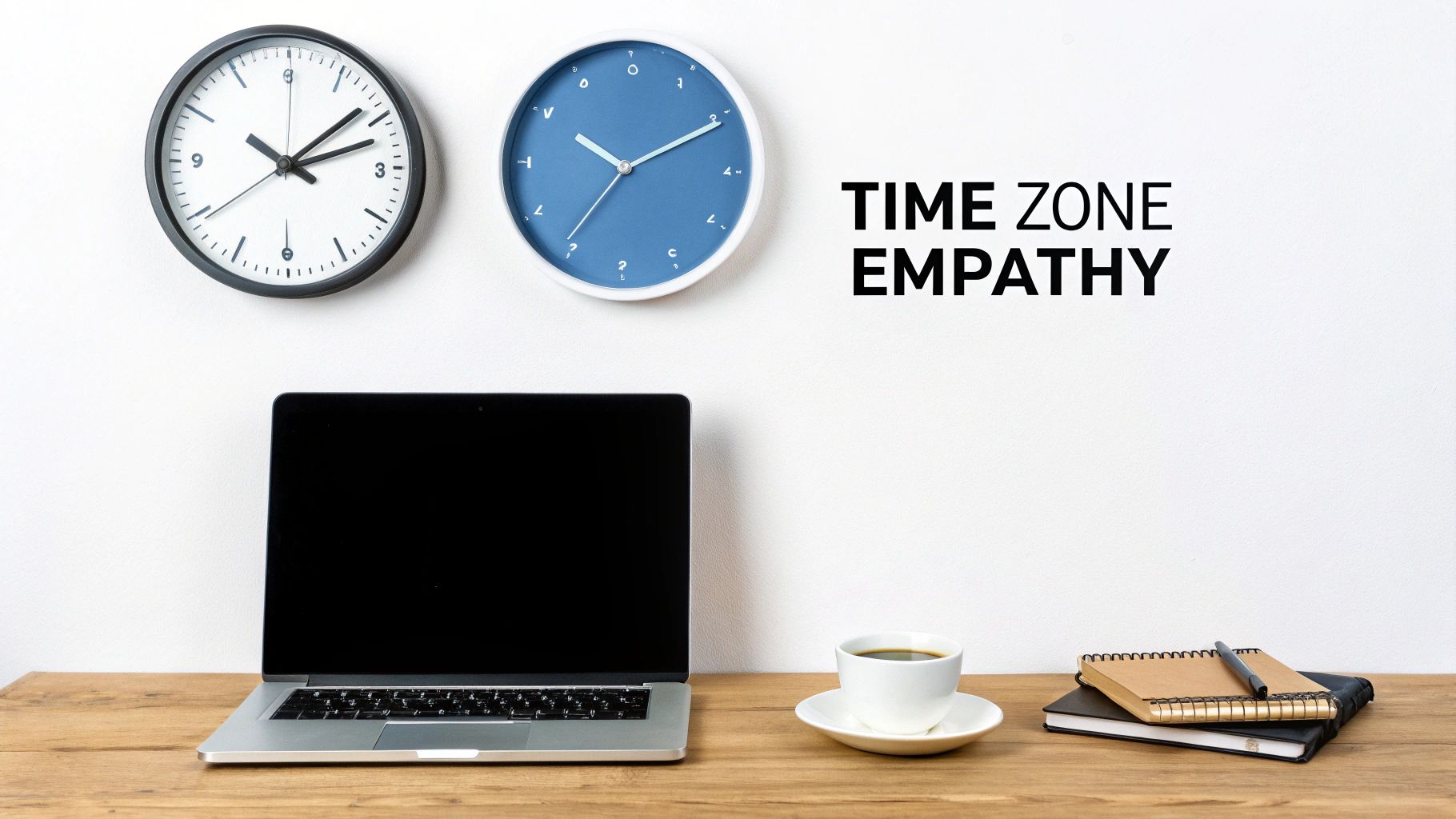 A desk with a laptop, coffee, and notebooks, below two wall clocks and 'TIME ZONE EMPATHY' text.