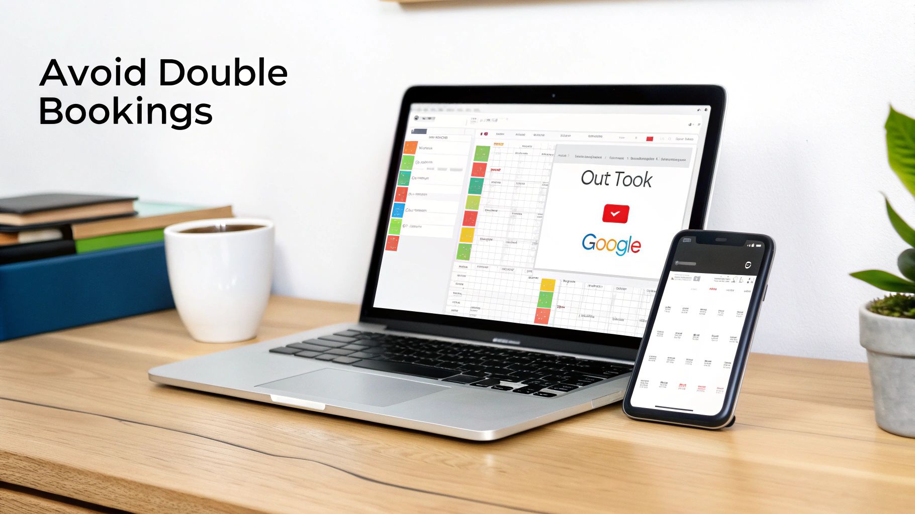 A professional woman looks at a calendar on a tablet while working on a laptop, illustrating the need to sync schedules.