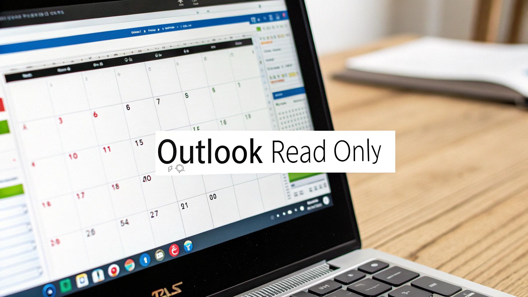 A laptop displaying an Outlook calendar application with an 'Outlook Read Only' banner on the screen.