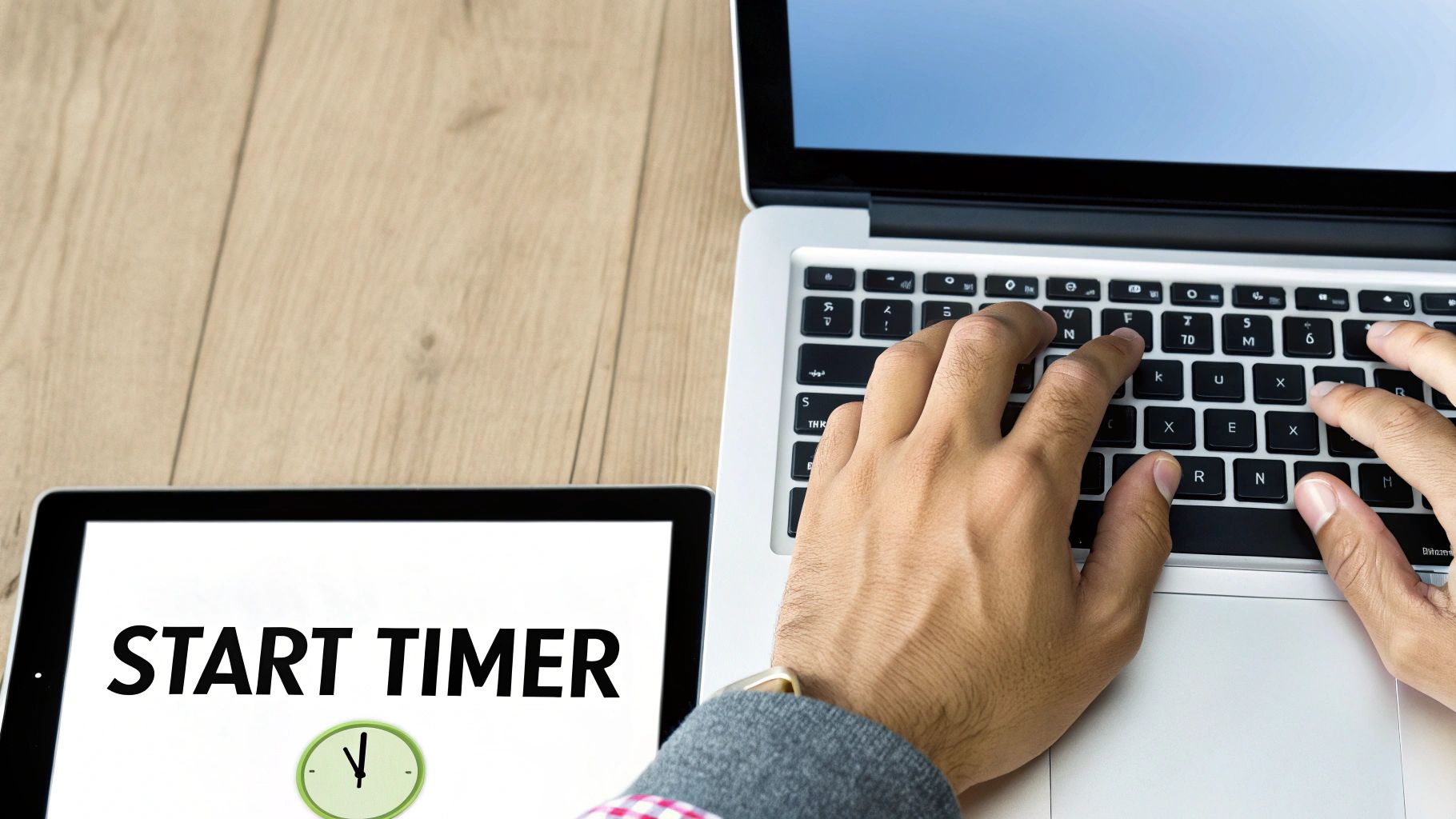 Overhead view of hands typing on a laptop next to a tablet displaying 'START TIMER' with a clock icon.