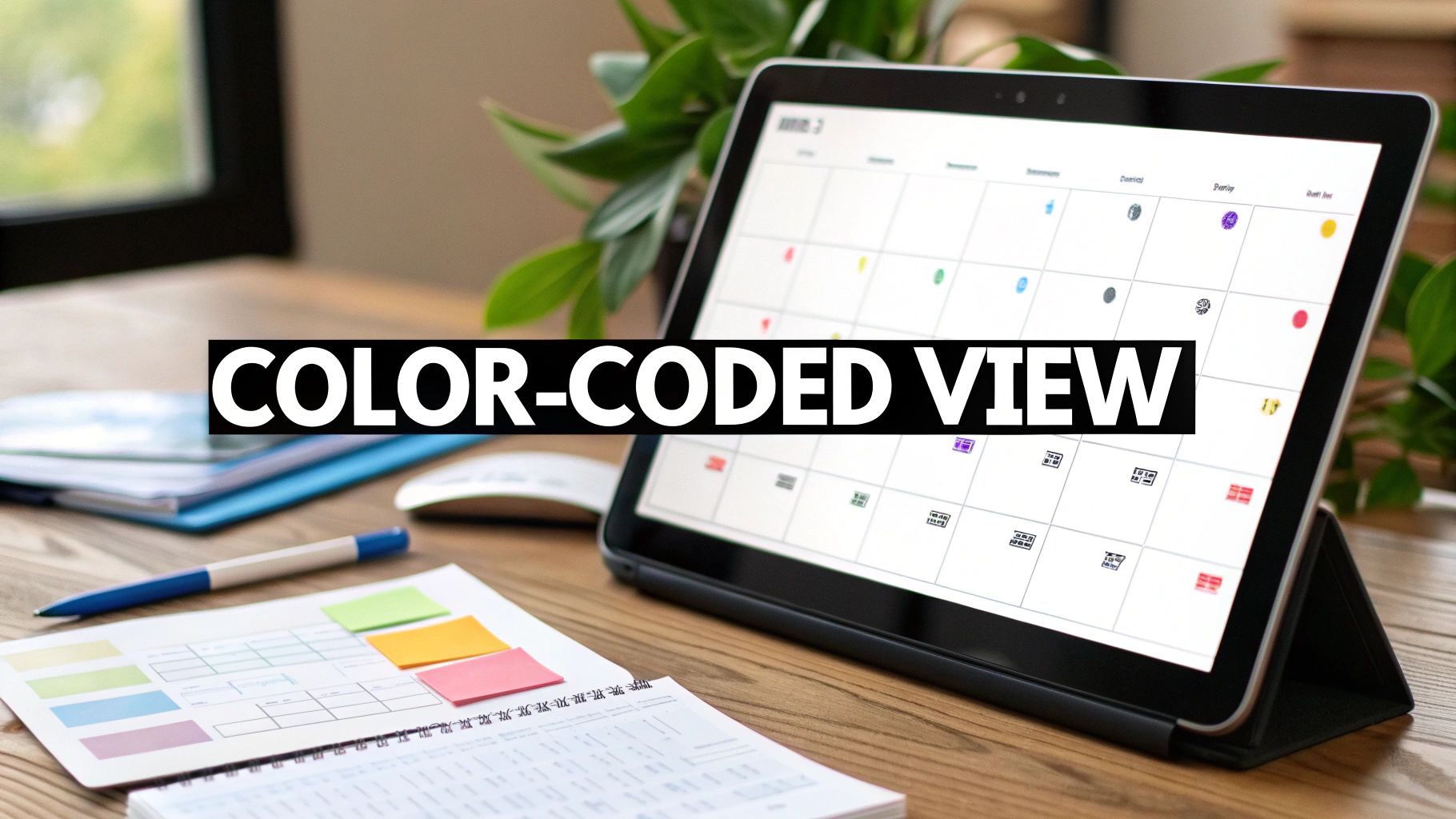 Digital calendar tablet displaying color-coded monthly view with events and workspace desk setup
