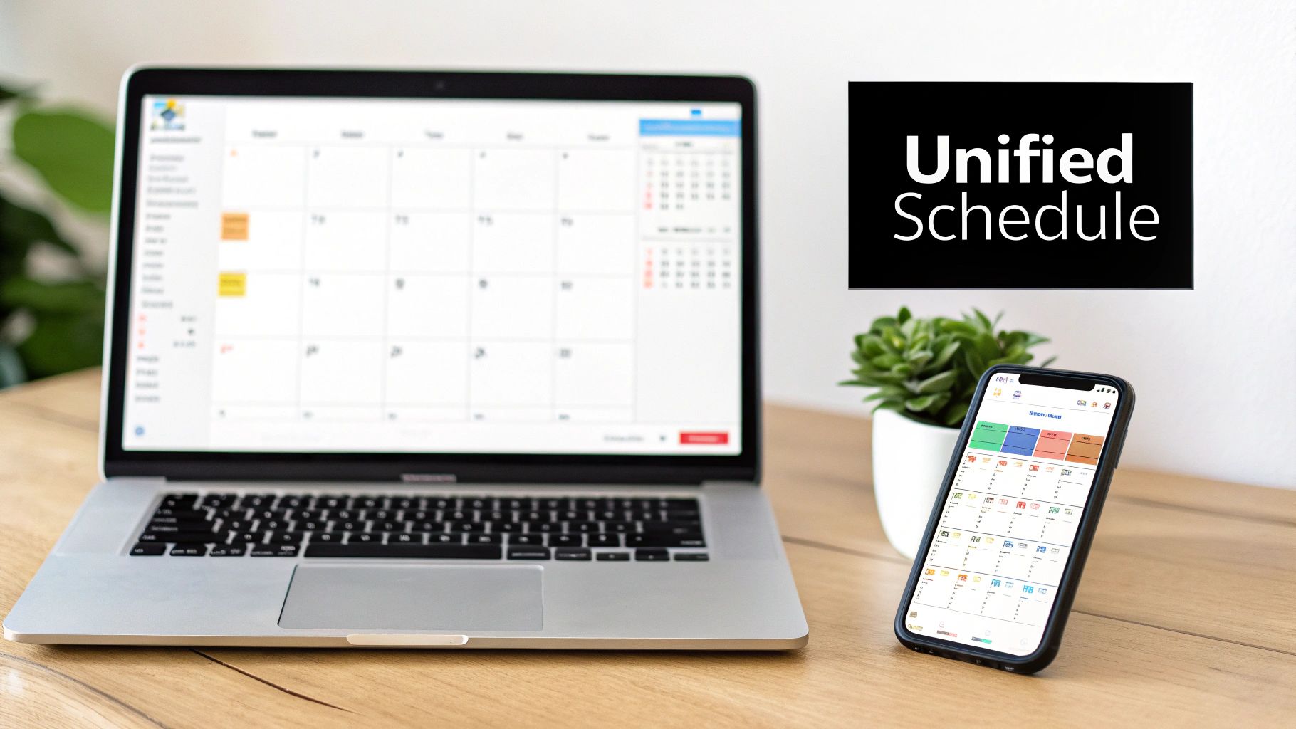 A laptop and smartphone display calendar applications, with text 'Unified Schedule'.