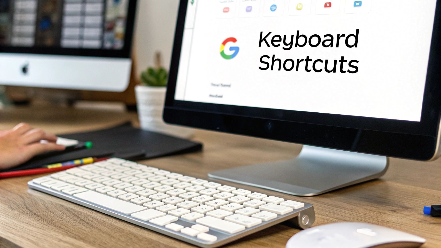 A person typing on a laptop with the Google Tasks interface visible, suggesting efficiency and the use of shortcuts.