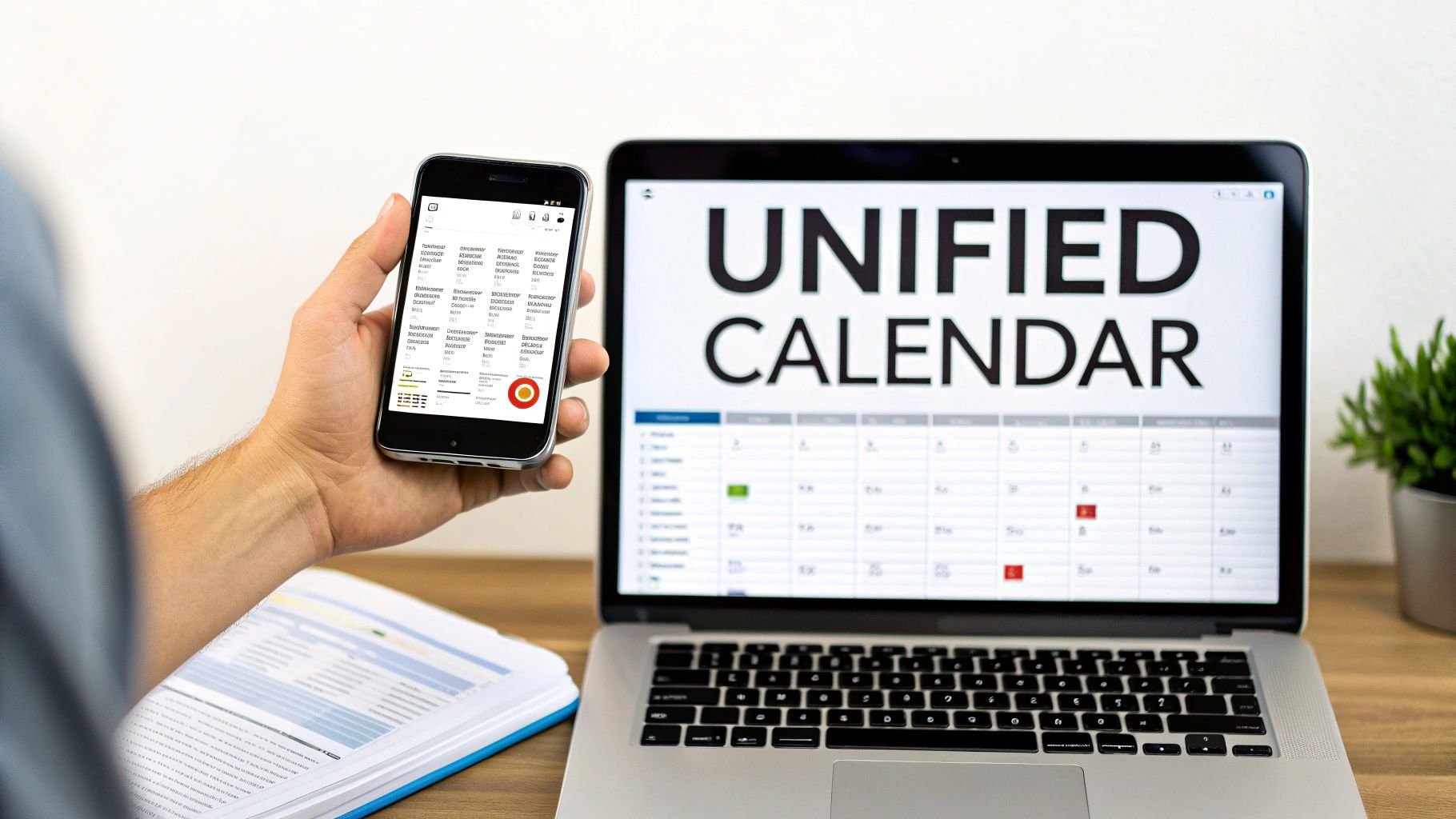 A person holding a smartphone next to a laptop displaying a unified calendar interface.