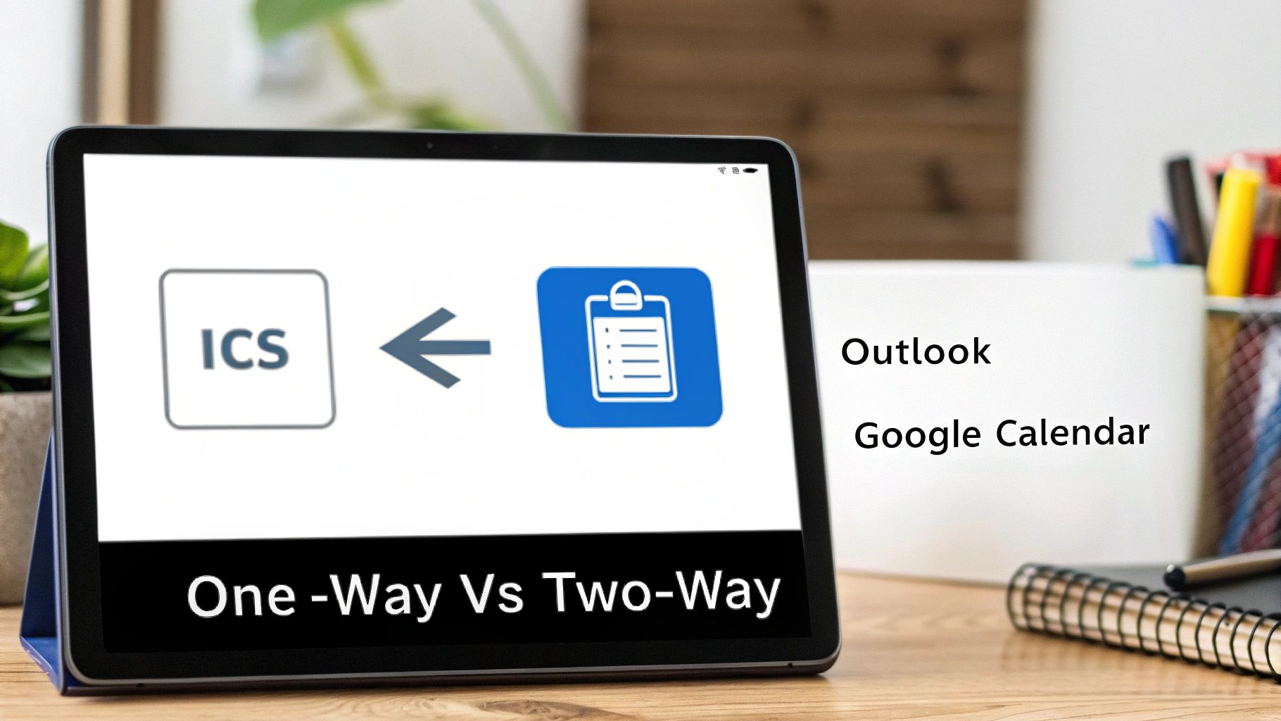A split screen showing the Outlook and Google Calendar logos with a sync icon in the middle, representing different sync options.