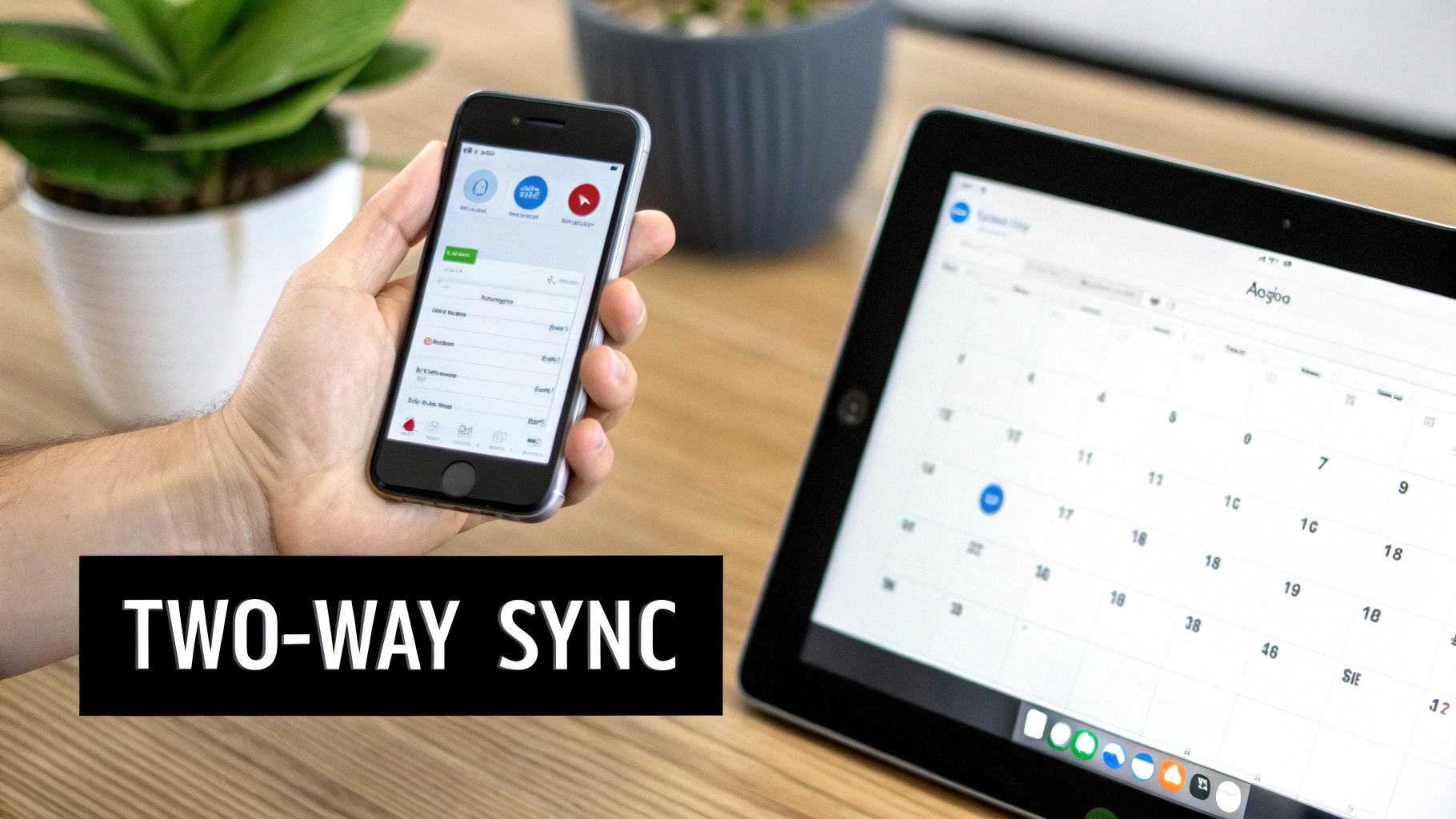 A hand holds a smartphone displaying an app next to a tablet showing a calendar, highlighting two-way sync.