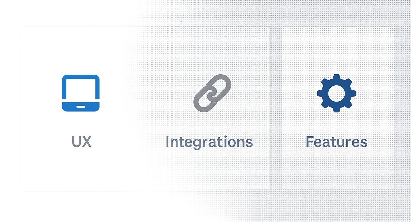 Three icons representing UX, integrations, and features, each with its corresponding text label.