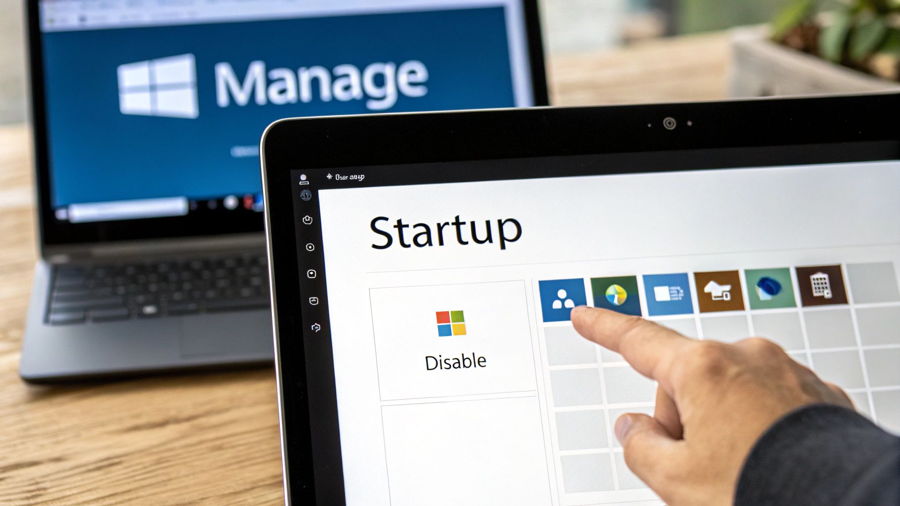 A magnifying glass icon over the Task Manager interface, symbolising investigation and security analysis.