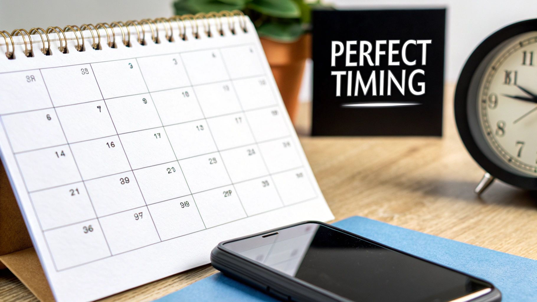 A desk with a calendar, 'Perfect Timing' sign, alarm clock, and smartphone, emphasizing planning.