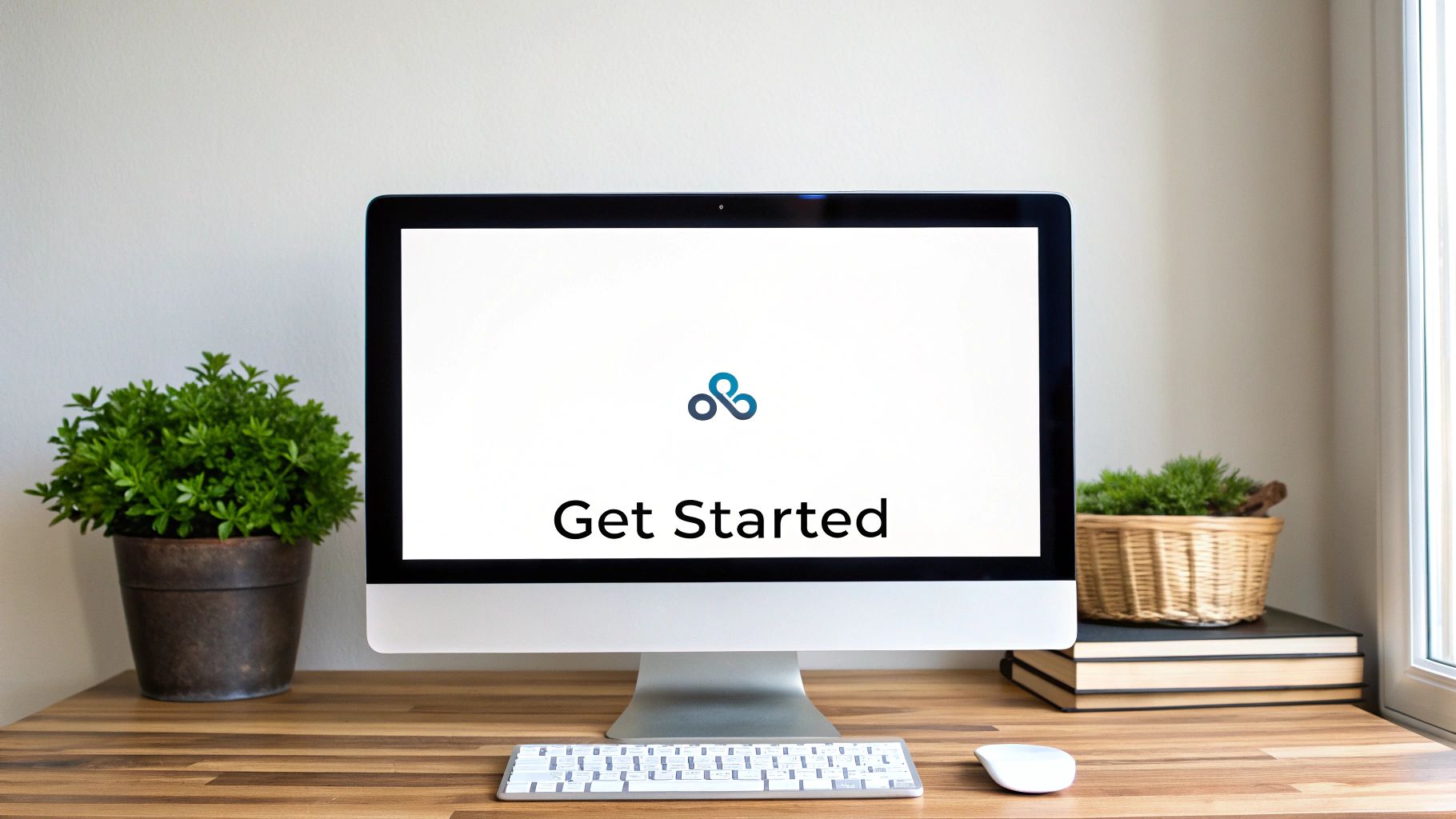 A minimalist workspace with a desktop computer showing 'Get Started', keyboard, mouse, and green plants.