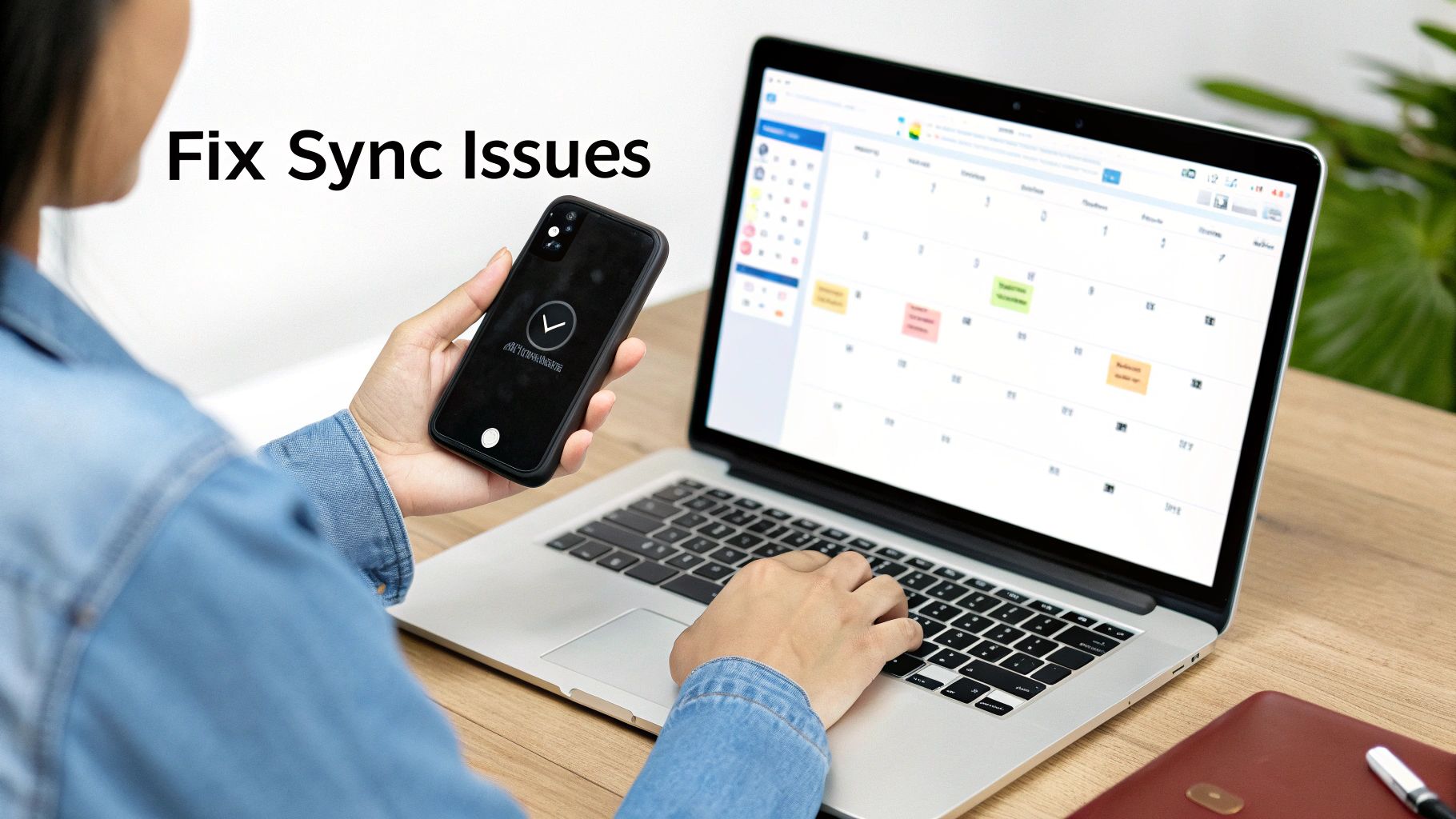 Person troubleshooting calendar sync issues, holding a smartphone and typing on a laptop with a calendar app.