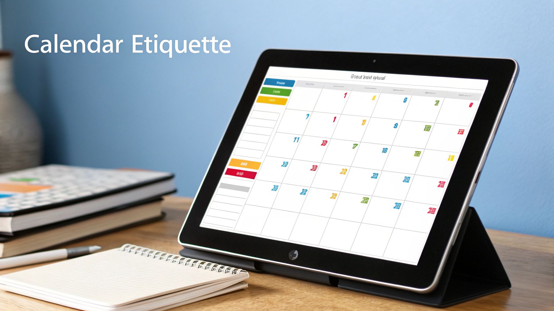 A colourful, organised calendar on a digital tablet, representing effective team management and planning.