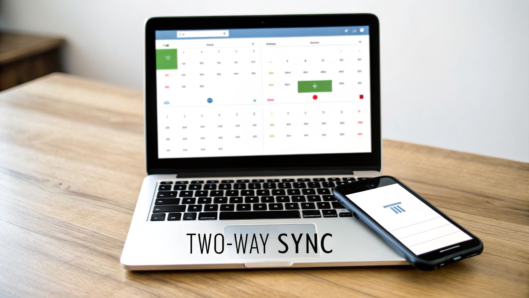A laptop and a smartphone on a wooden desk illustrating a two-way sync concept for calendars.