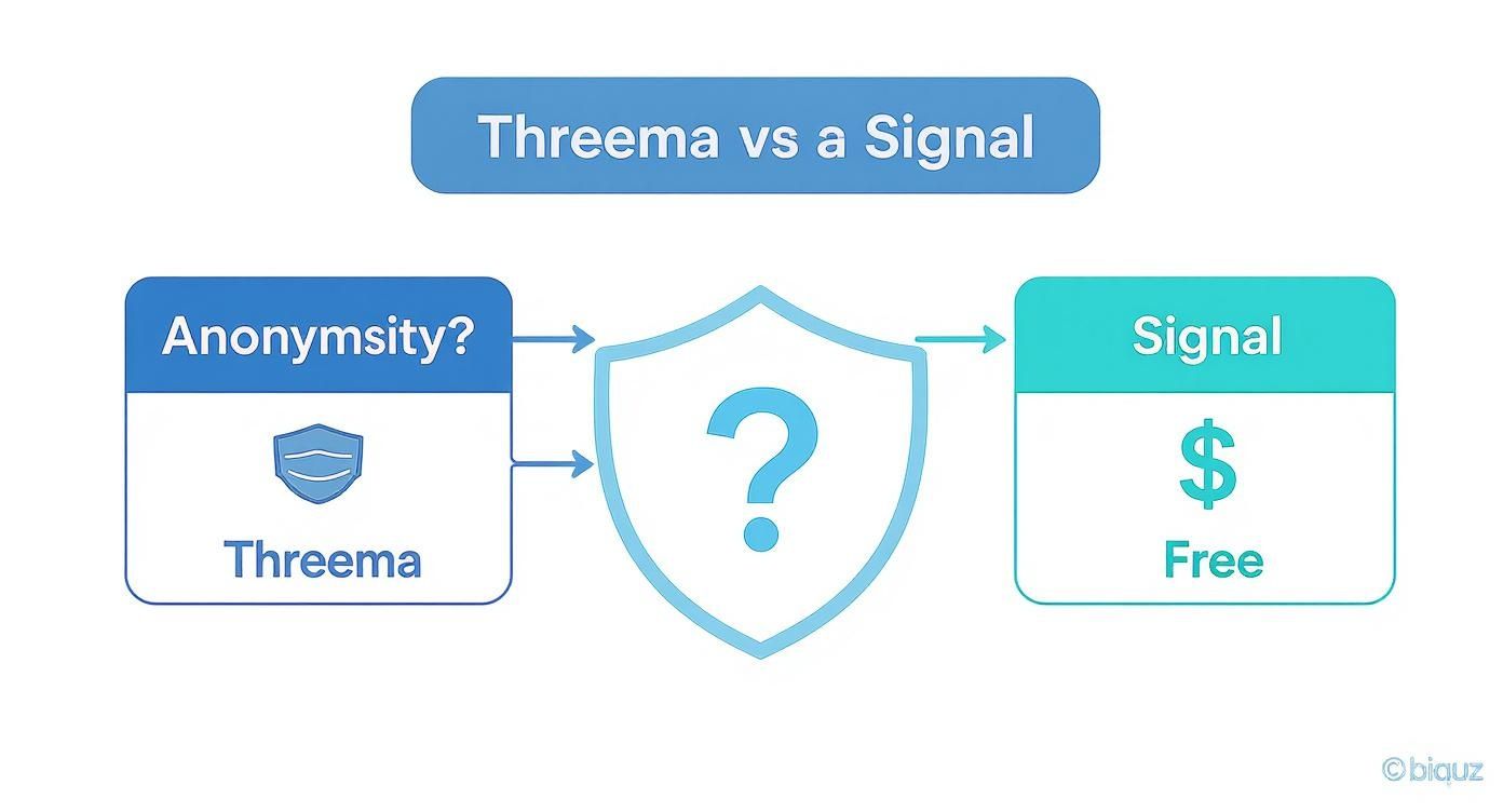 Infographic decision tree comparing Threema vs Signal based on anonymity and cost