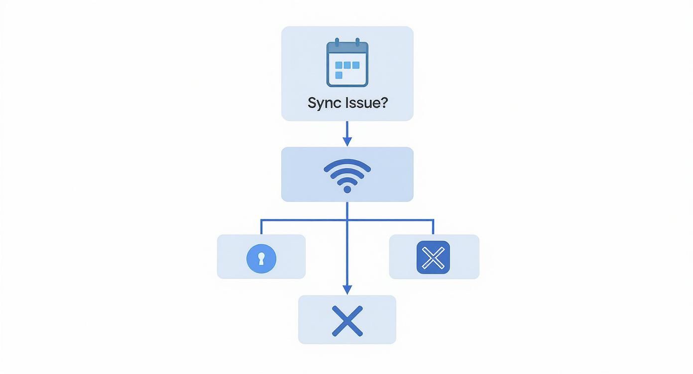 Flowchart showing Google Calendar sync issue troubleshooting process with WiFi connection and security icons
