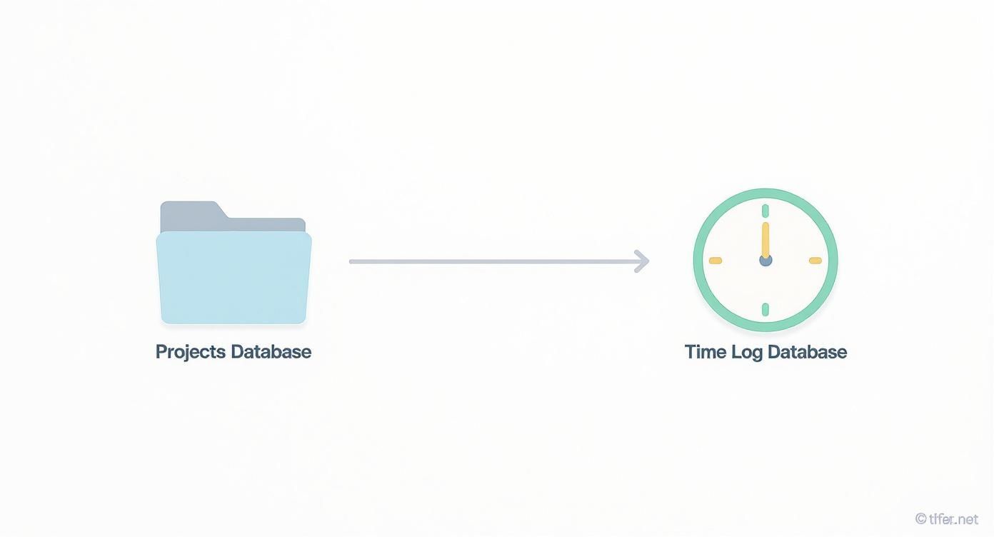 A diagram shows a 'Projects Database' folder flowing into a 'Time Log Database' clock icon.