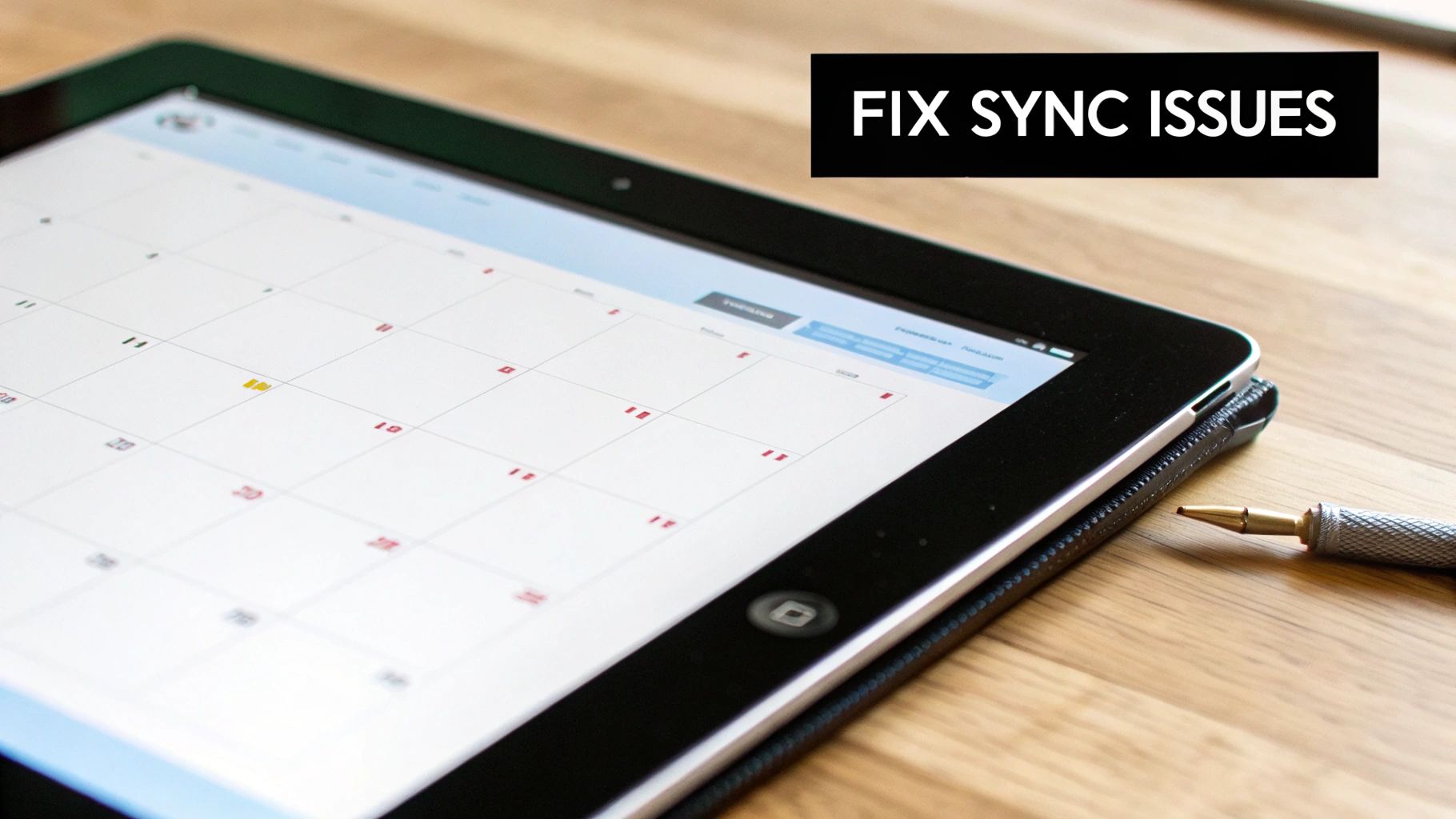 A tablet displaying a calendar application with text 'FIX SYNC ISSUES' and a screwdriver.