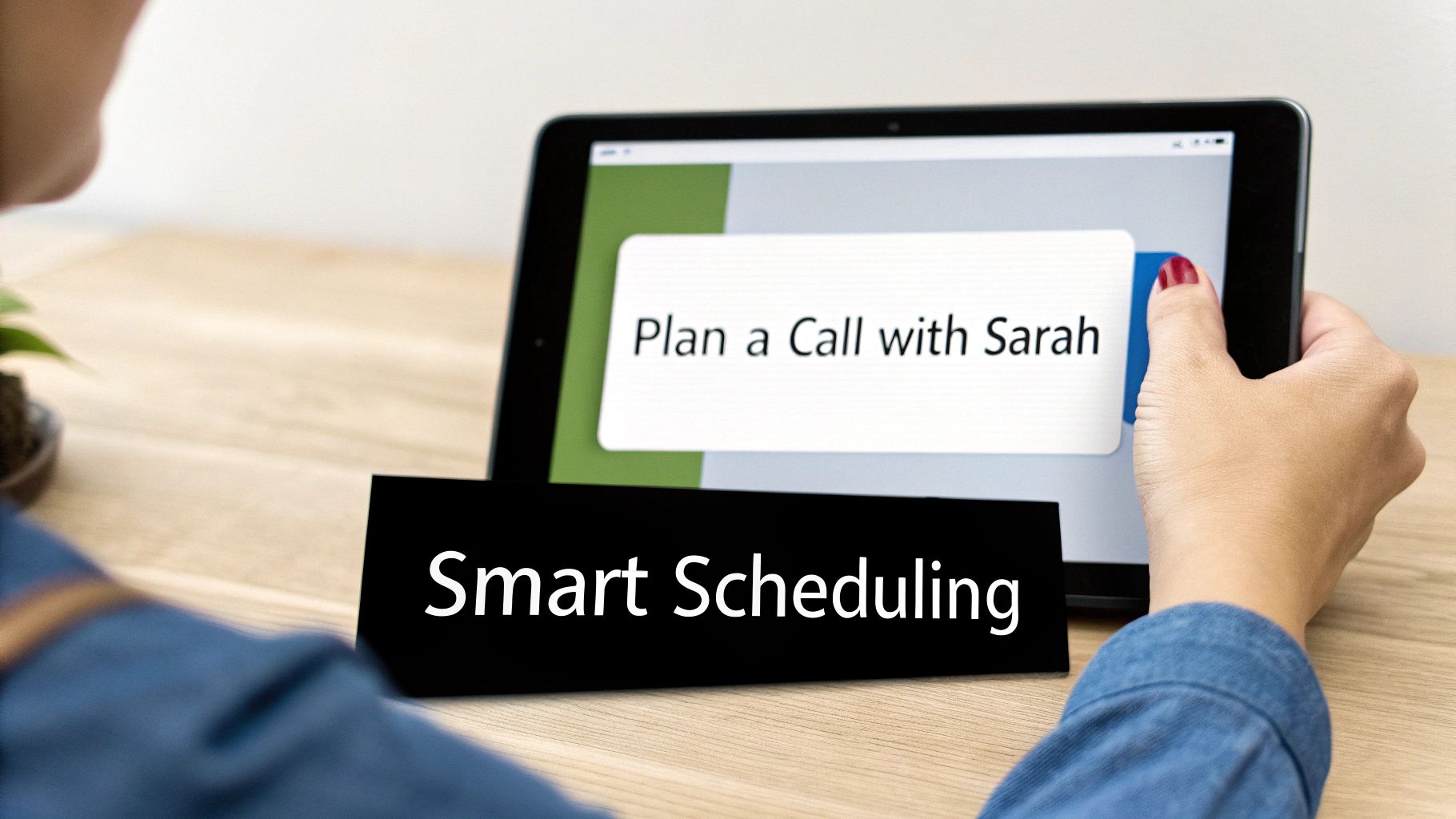 Person using tablet displaying smart scheduling feature to plan a call with Sarah