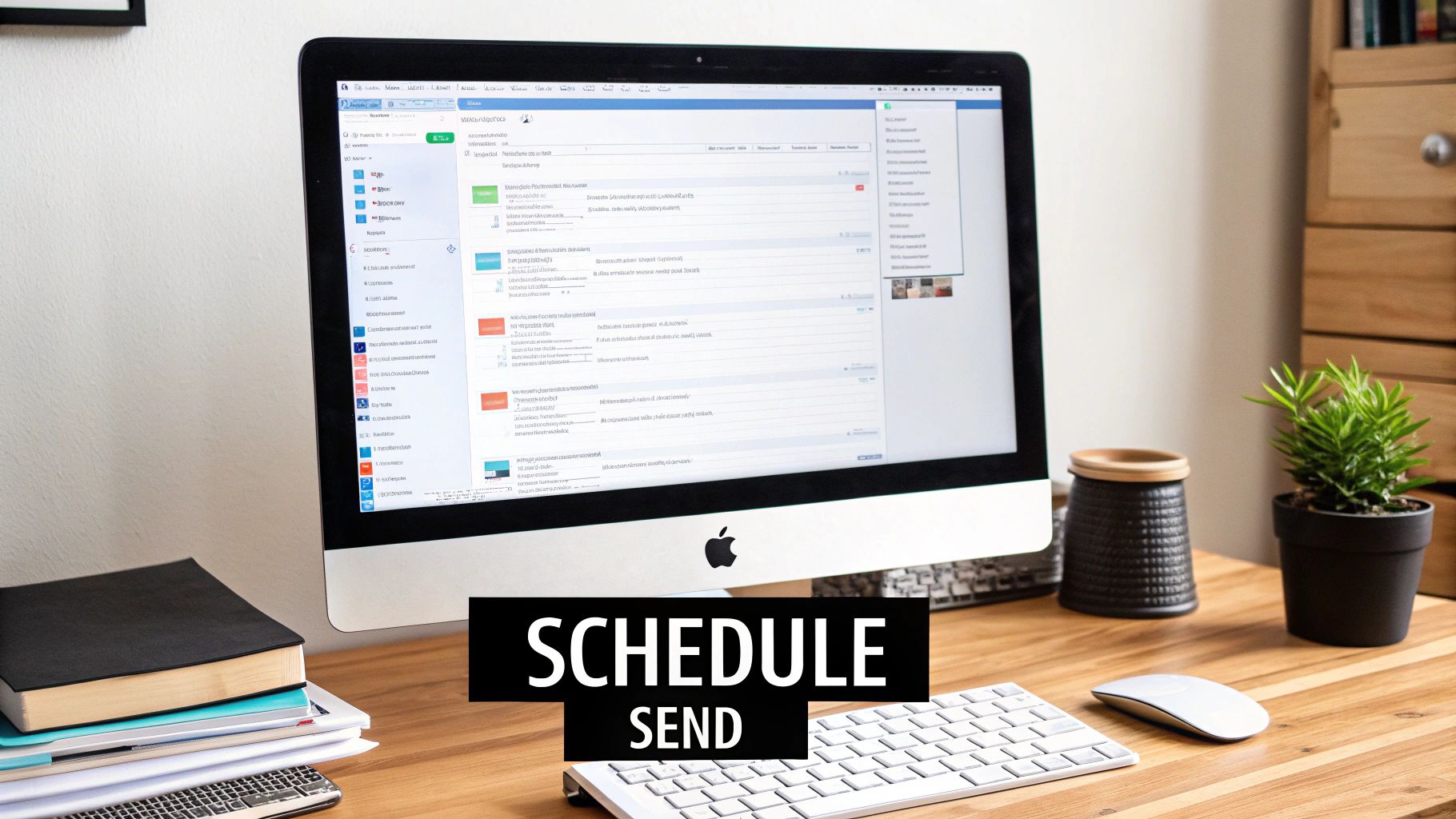 Woman scheduling an email on a laptop.