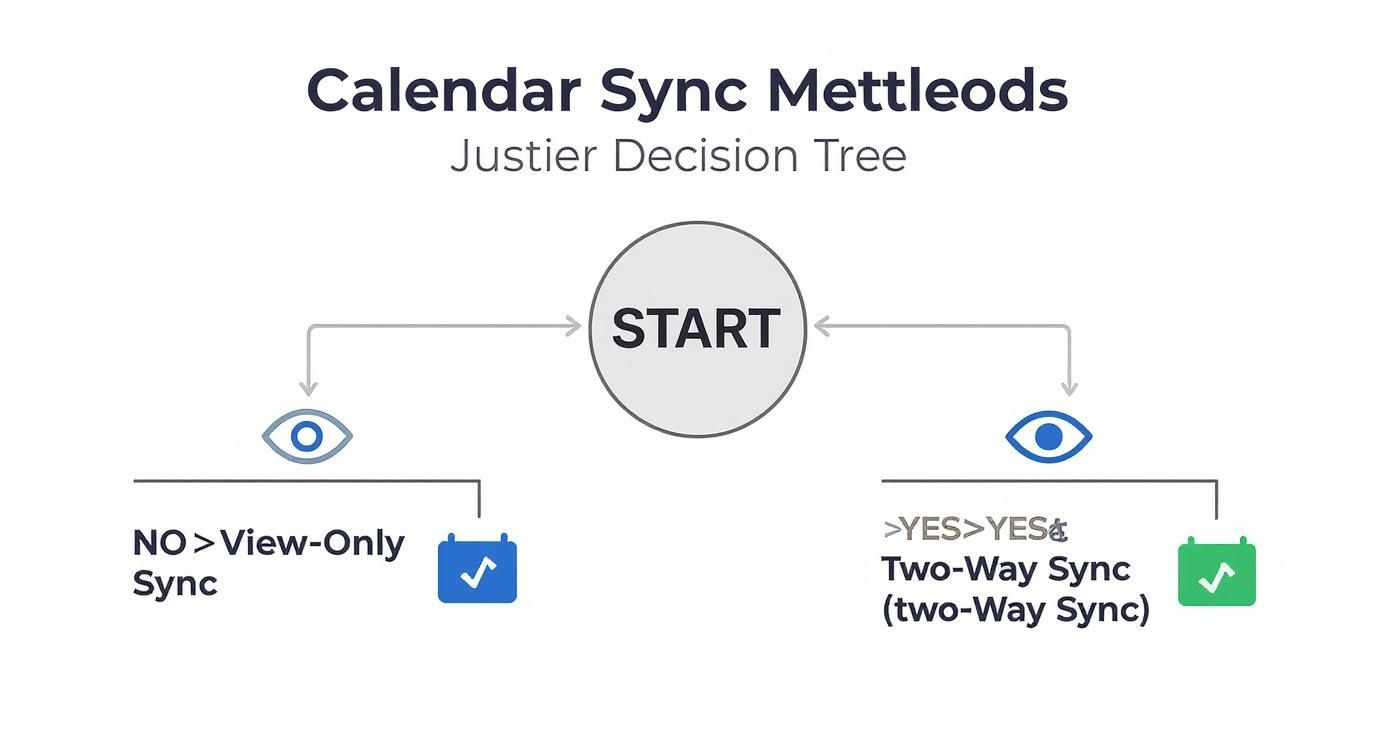 A decision tree diagram showing calendar synchronization methods: View-Only Sync and Two-Way Sync.
