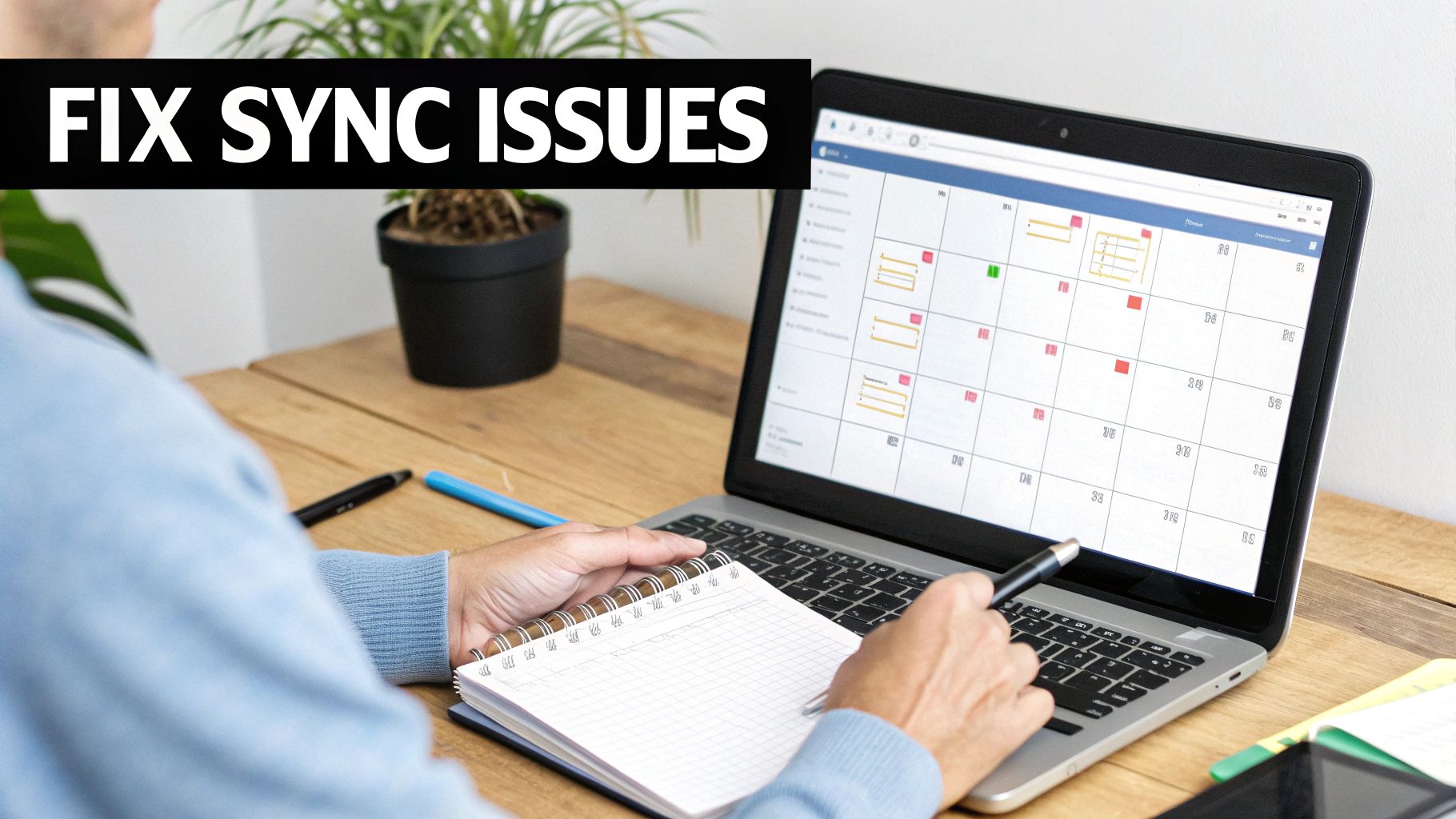 A person is working on a laptop displaying a calendar, taking notes, with 'FIX SYNC ISSUES' overlay.