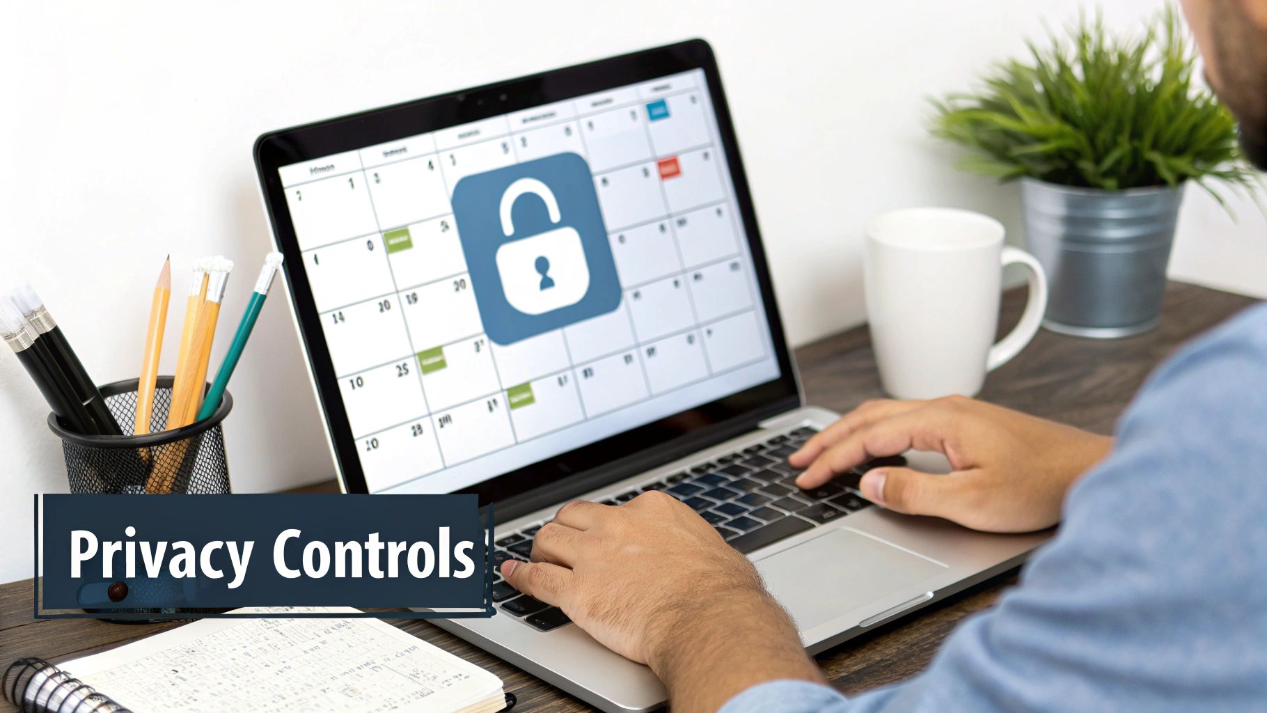 Person working on a laptop displaying a calendar with a privacy lock and 'Privacy Controls' text.
