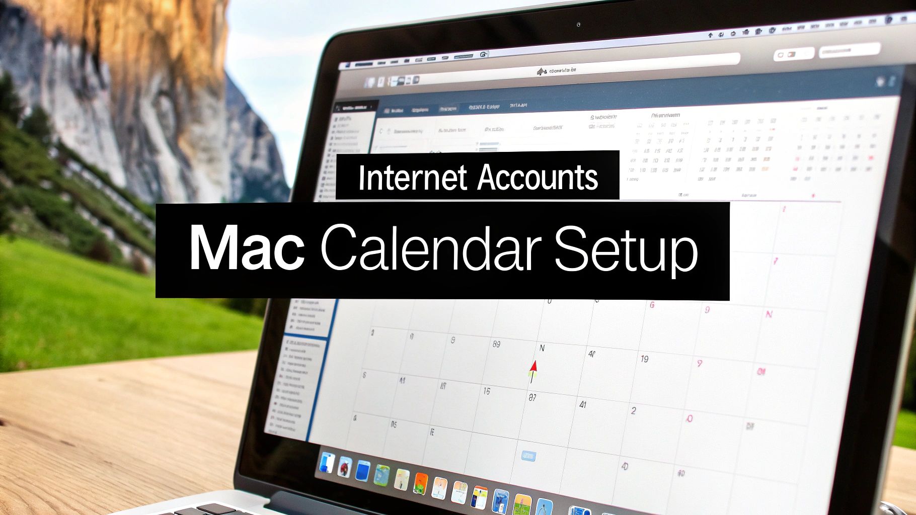 A Mac laptop displays a calendar app with 'Internet Accounts' and 'Mac Calendar Setup' overlays.