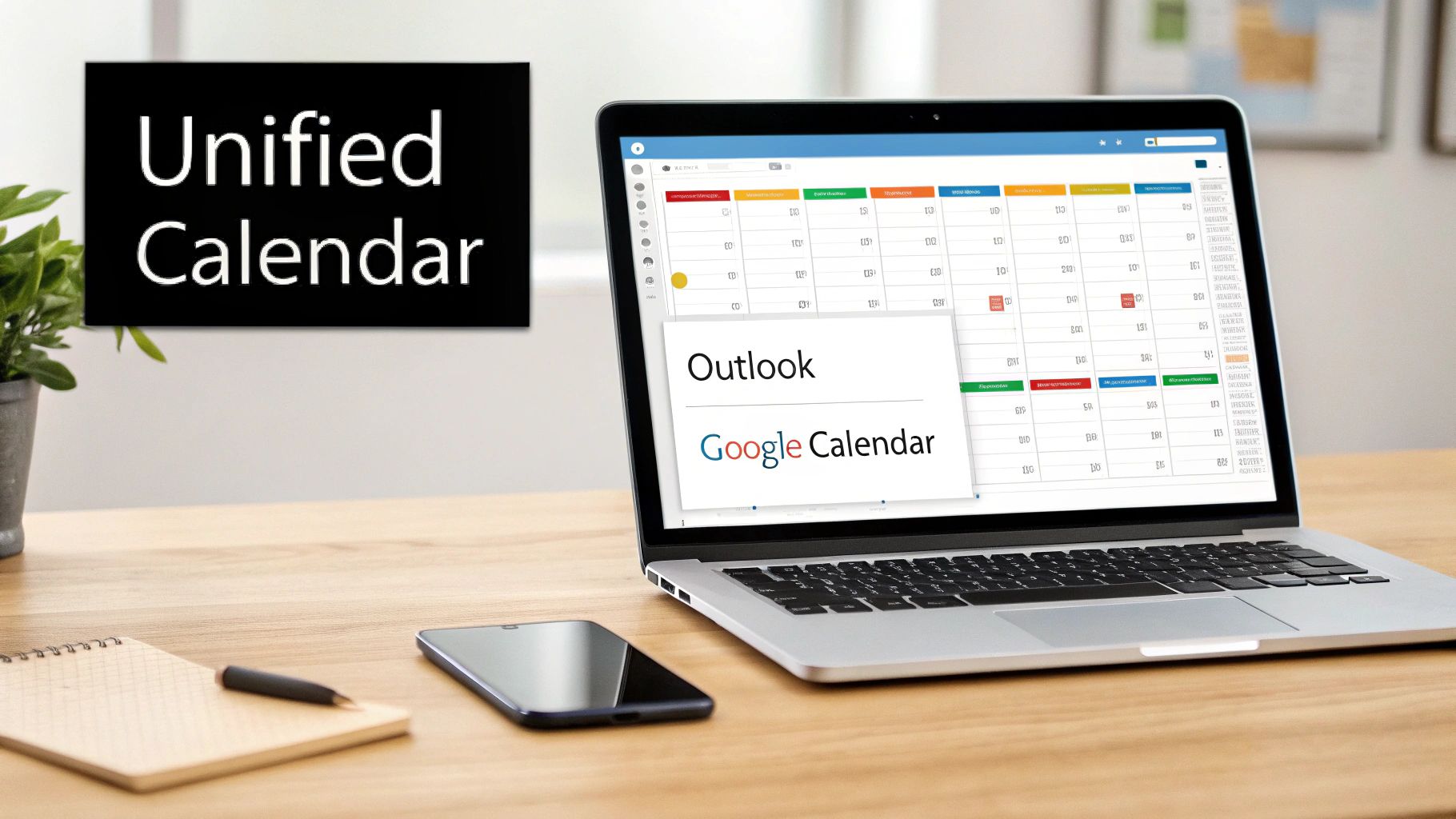 A laptop screen displays a unified calendar application, integrating Outlook and Google Calendar, on a wooden desk.