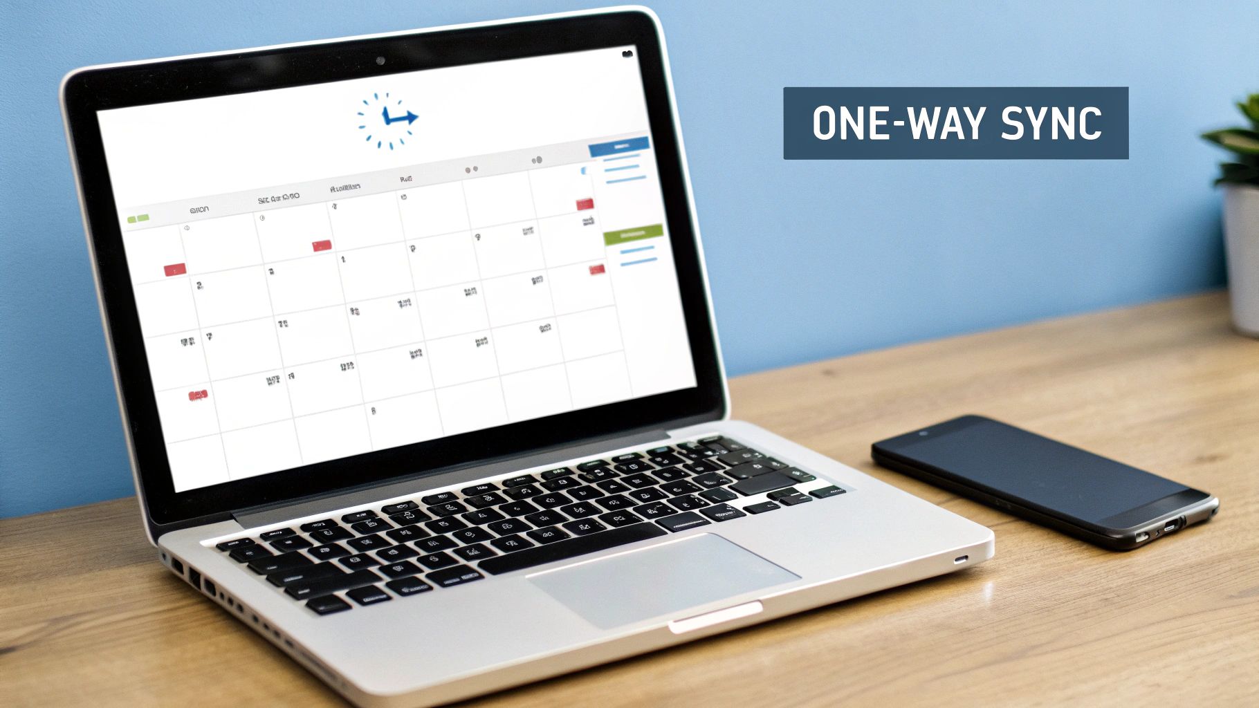 A person at a desk managing multiple calendars on a screen, with arrows indicating a two-way sync