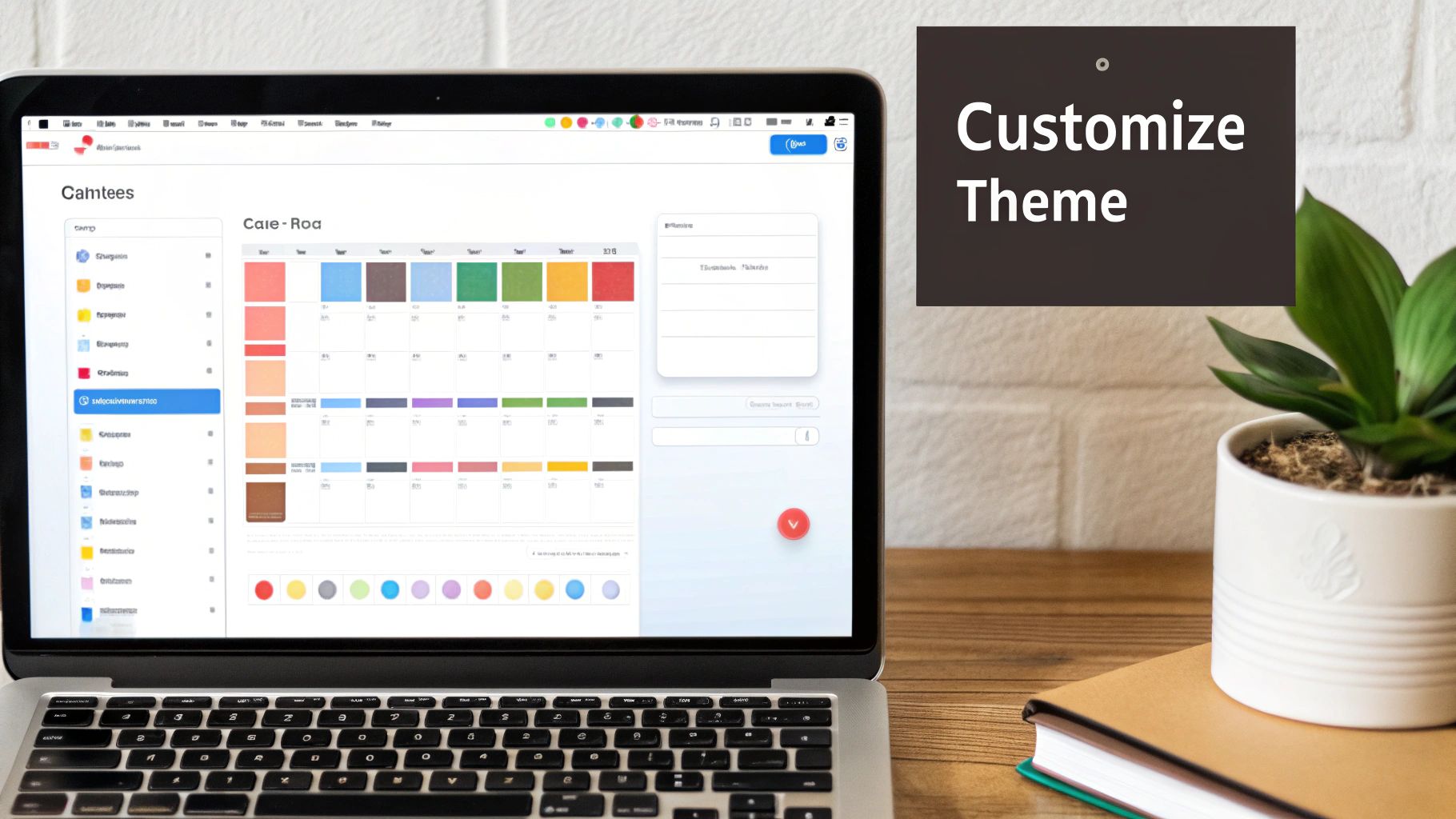 A laptop displays a calendar application with various color themes and a 'Customize Theme' sign.