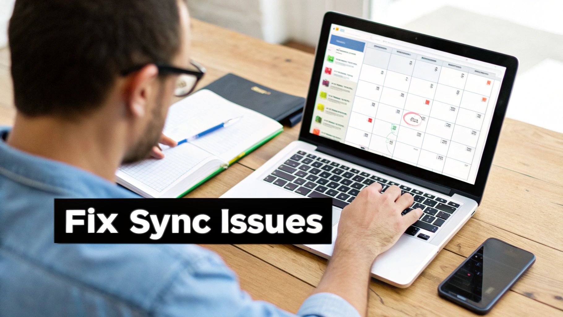 Person fixing sync issues on a laptop displaying a calendar, with a notebook and phone nearby.